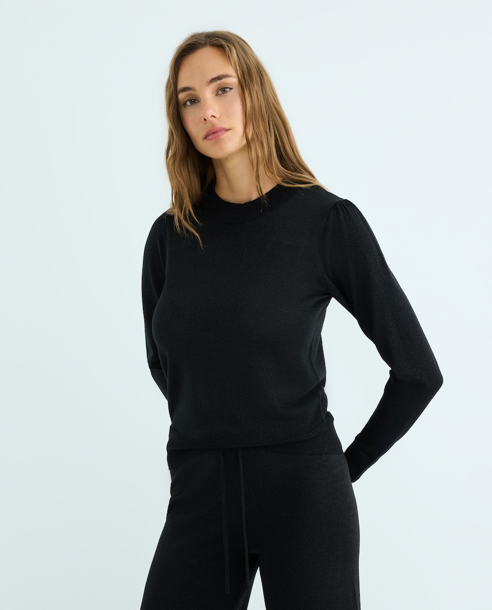 Jersey de mujer cuello caja con hilo metálico Negro-1