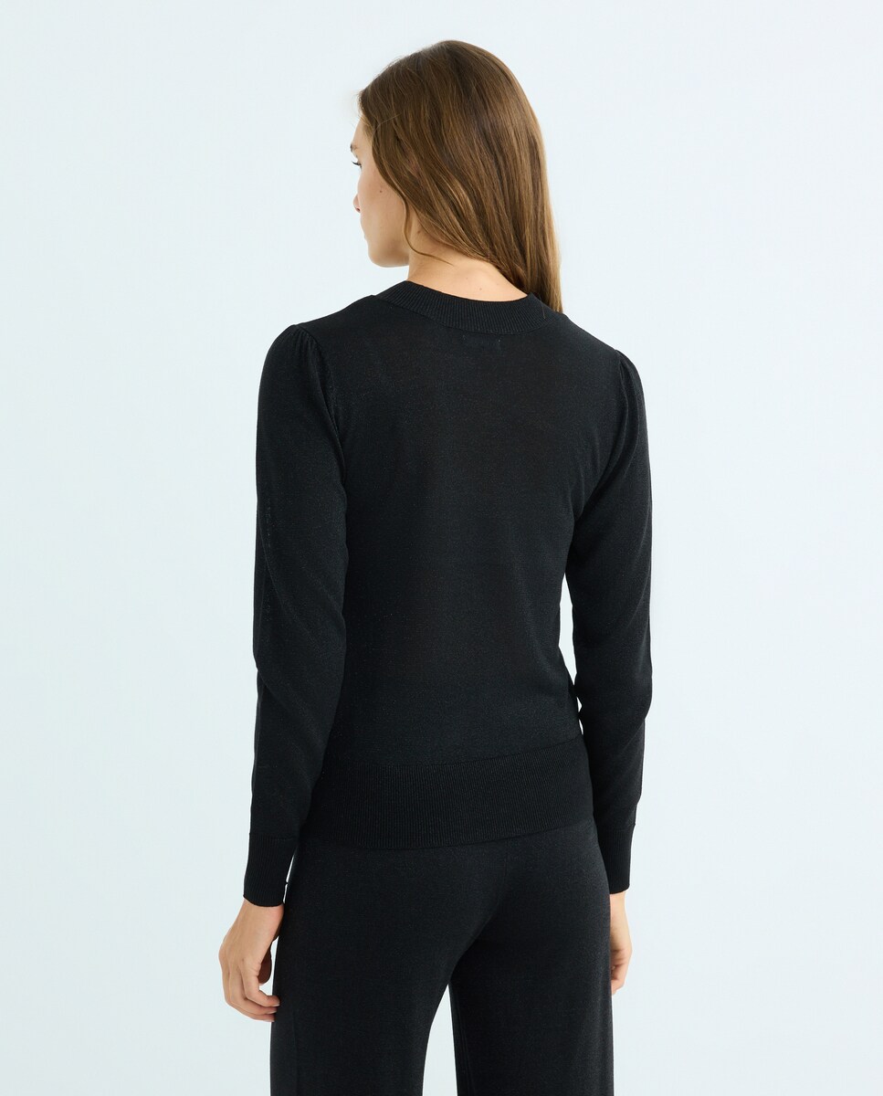 Jersey de mujer cuello caja con hilo metálico Negro-3