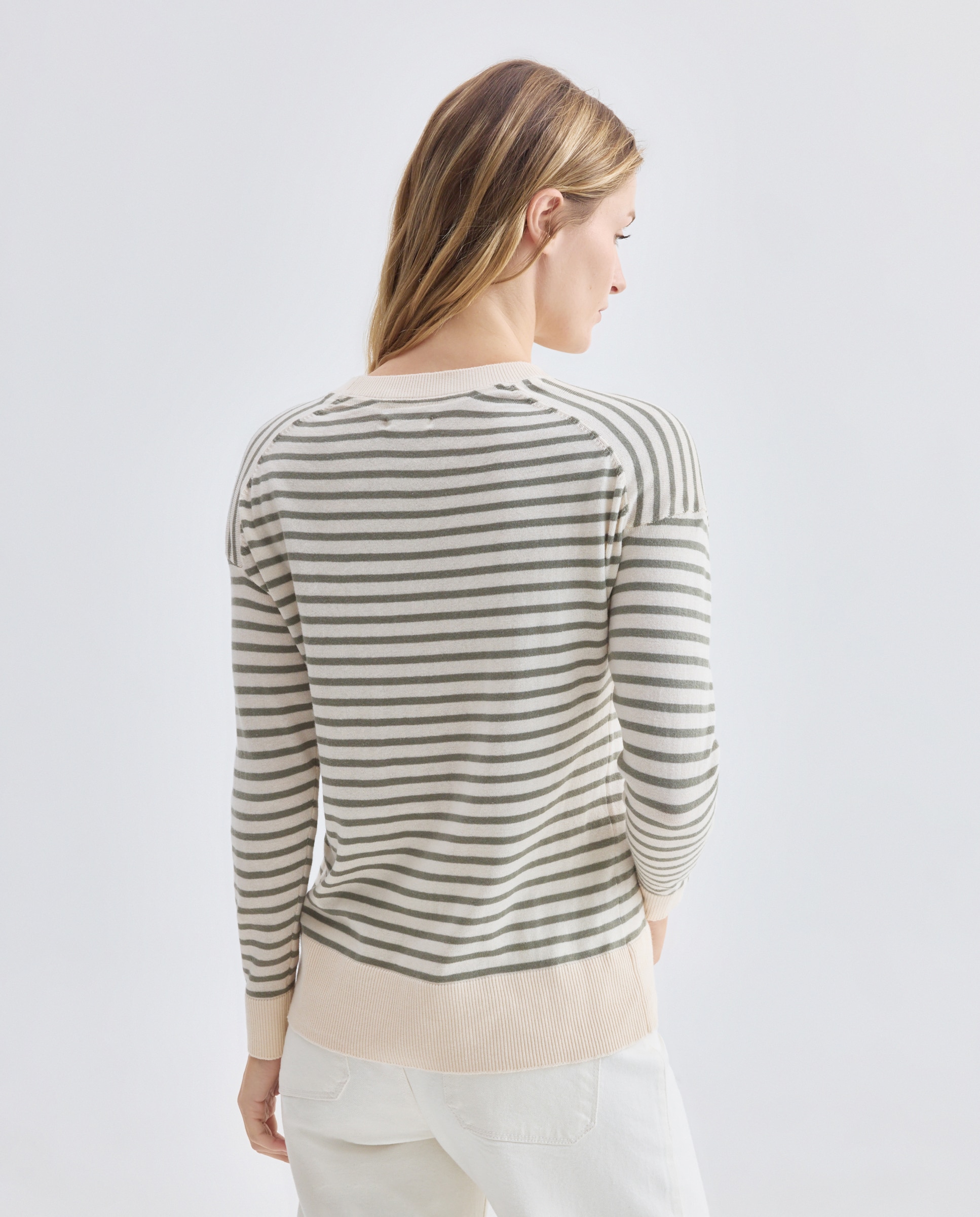 Jersey fino básico de mujer cuello caja y rayas Verde-3