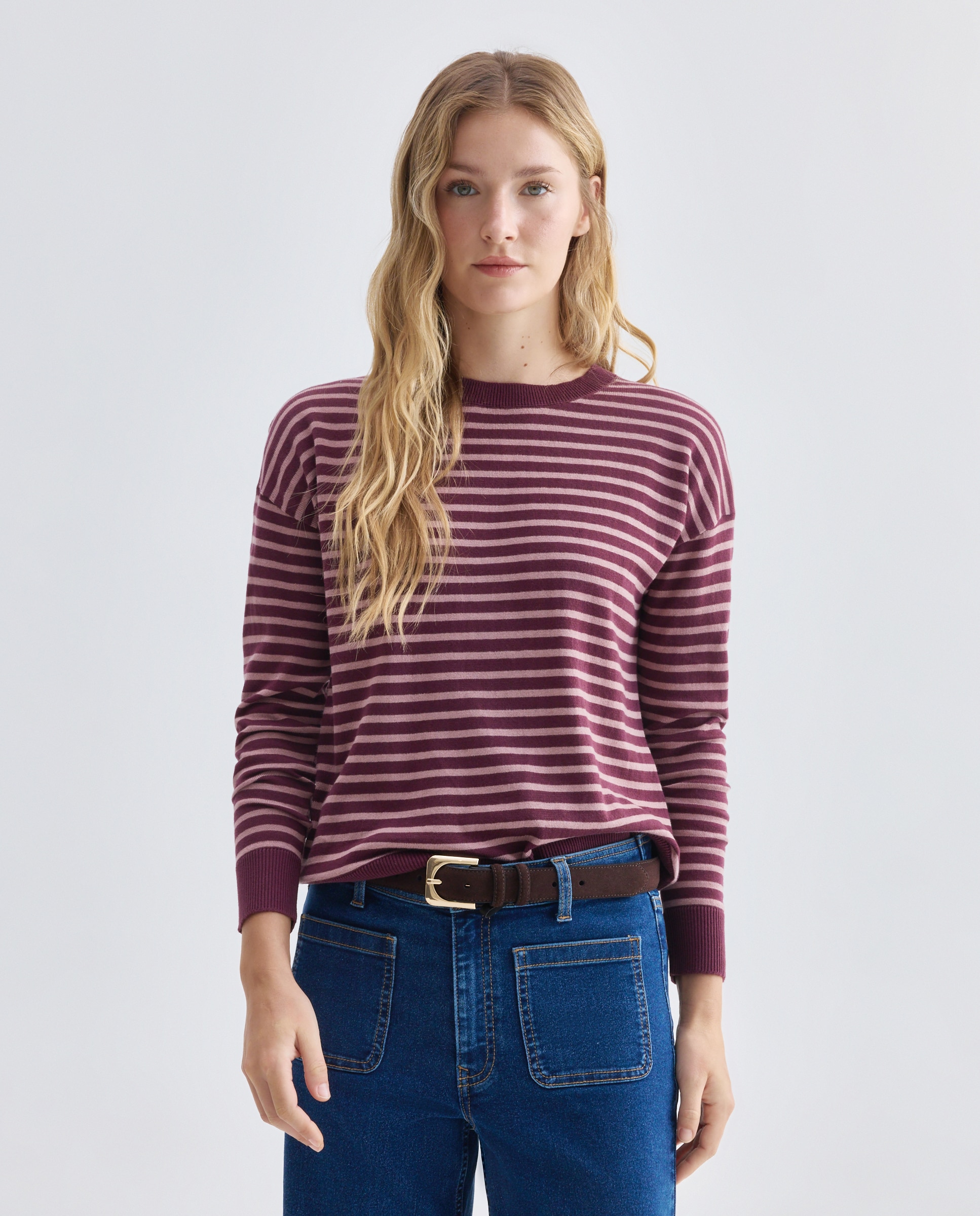 Imagen 0 de Jersey fino básico de mujer cuello caja y rayas