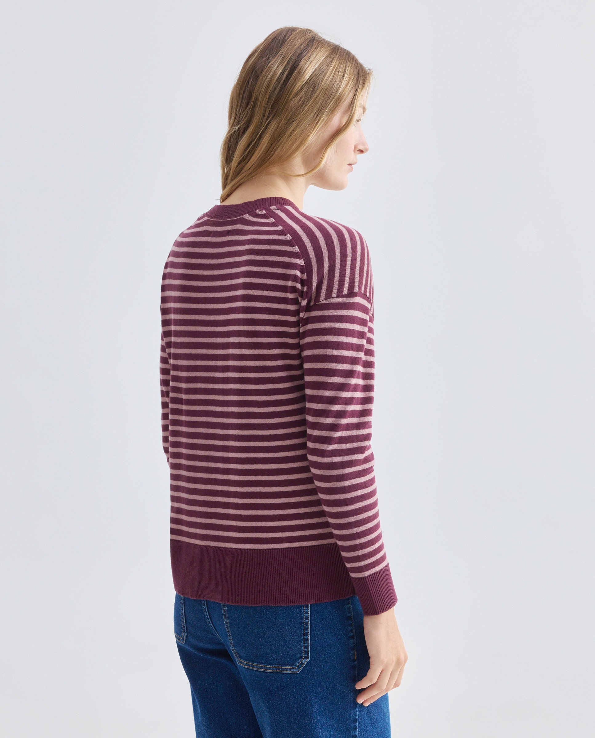 Jersey fino básico de mujer cuello caja y rayas Rosa-3