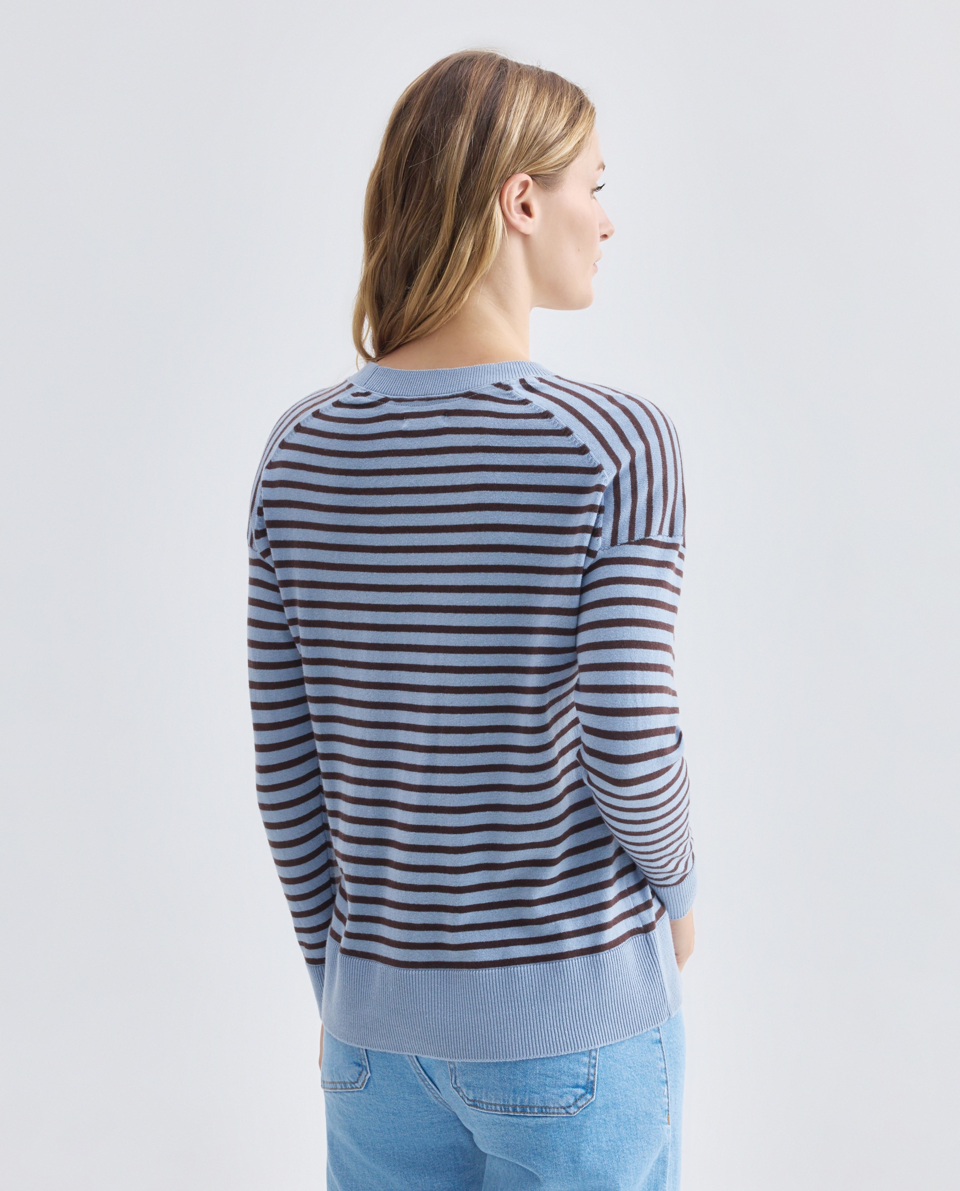 Jersey fino básico de mujer cuello caja y rayas Azul-3