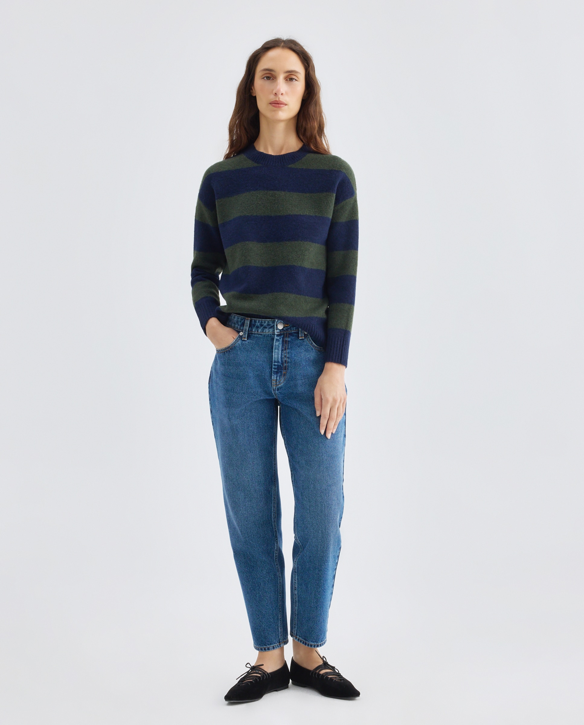 Jersey básico de mujer cuello caja rayas Azul-2