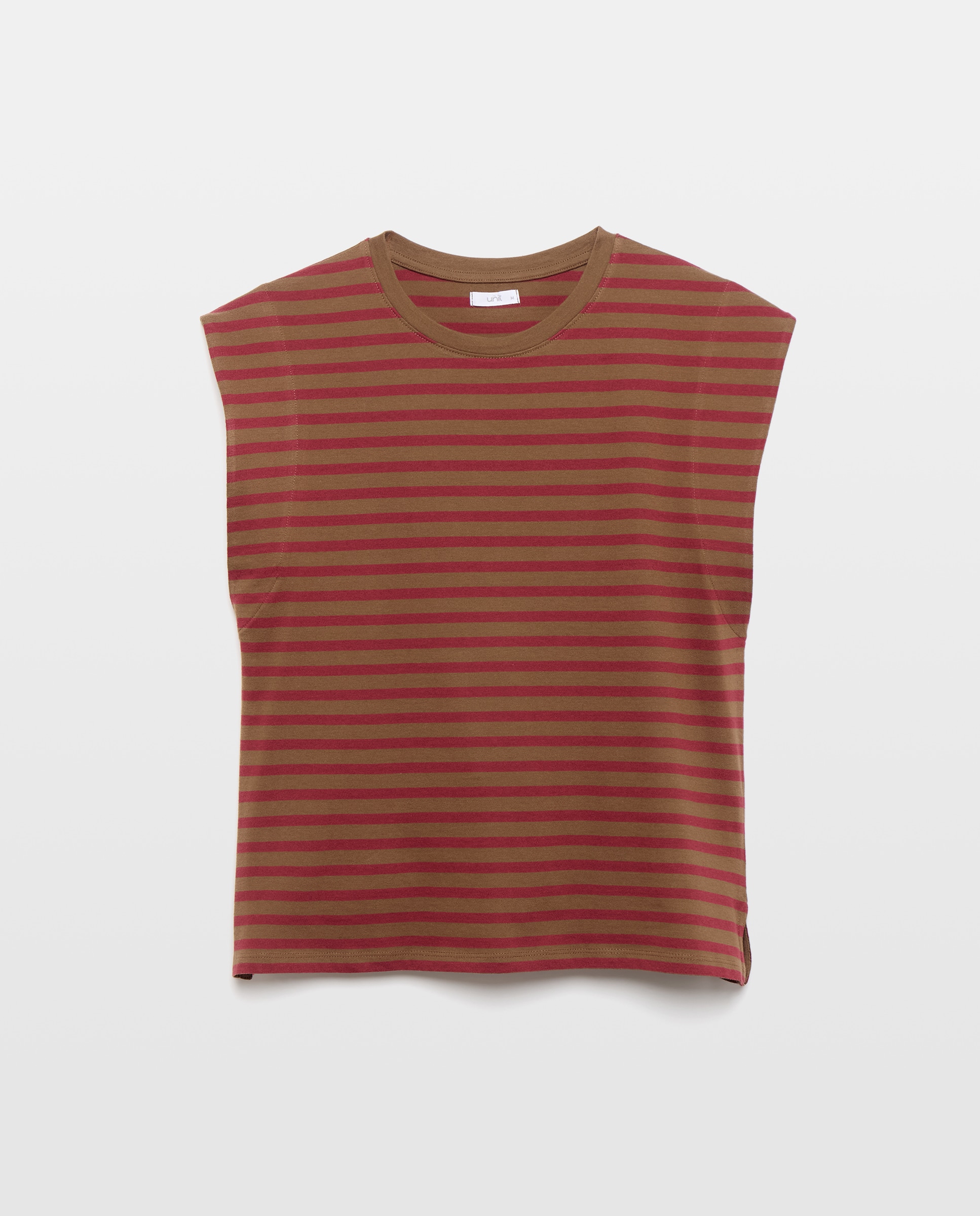 Camiseta de mujer cuello caja rayas hombrera Marrón-4