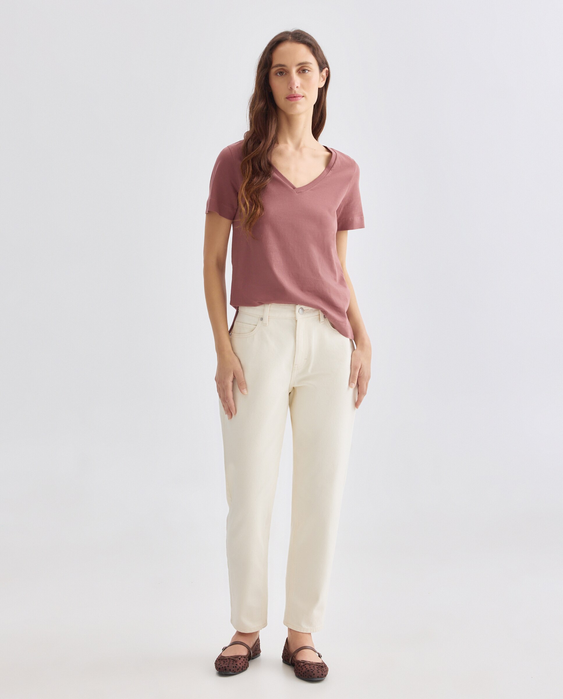 Camiseta básica de mujer cuello pico Rosa oscuro-2