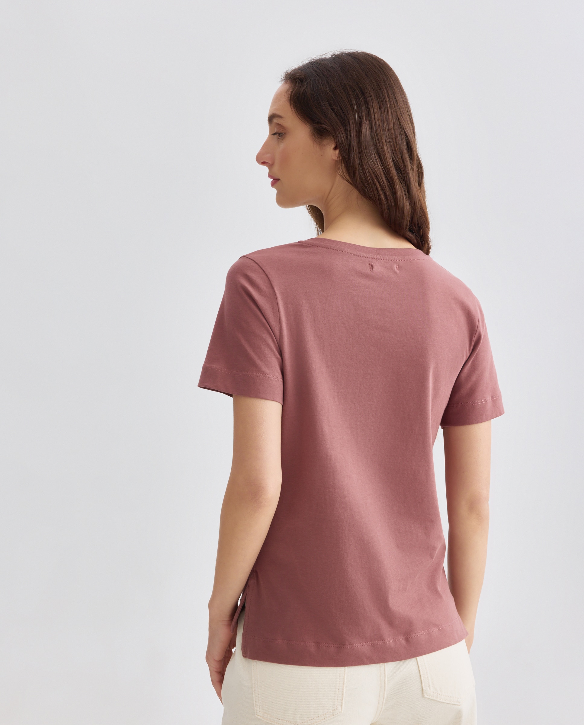Camiseta básica de mujer cuello pico Rosa oscuro-3