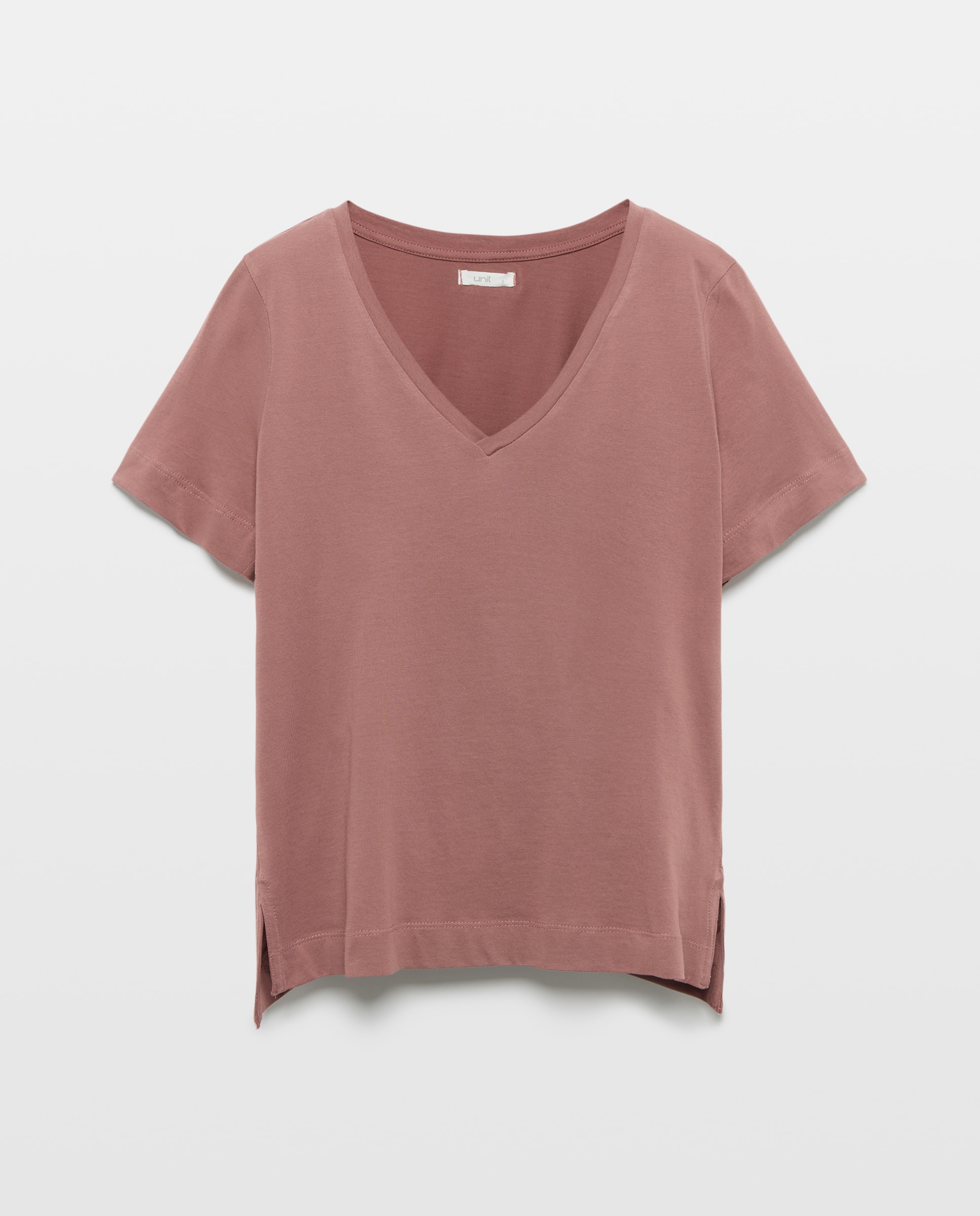 Camiseta básica de mujer cuello pico Rosa oscuro-4