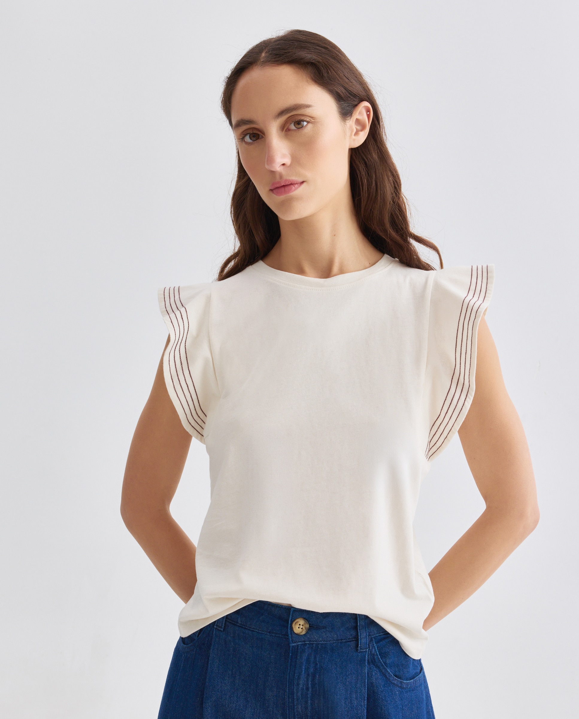 Camiseta de mujer cuello caja manga volantes 120 Crudo-2