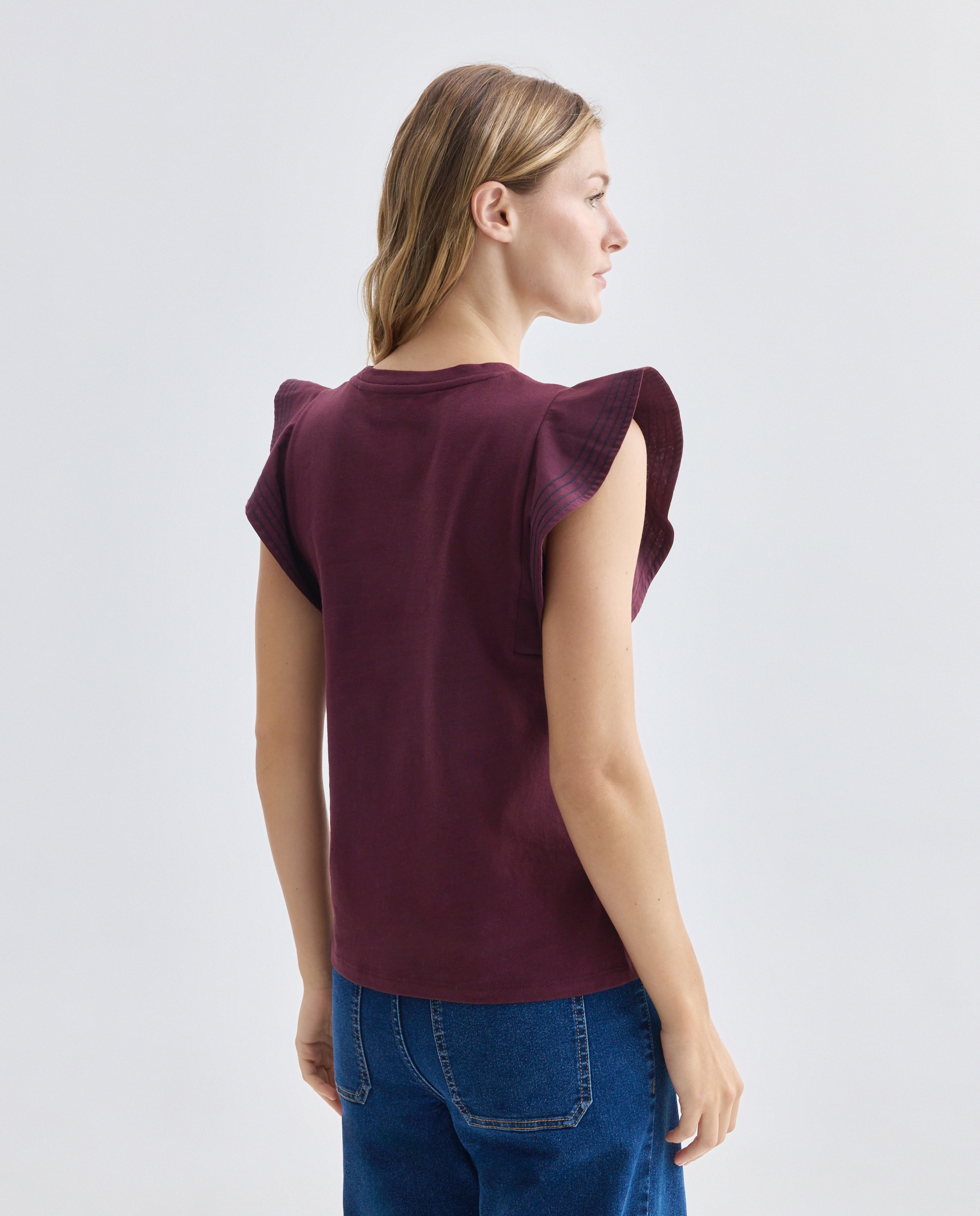 Camiseta de mujer cuello caja manga volantes 291 Berenjena-3