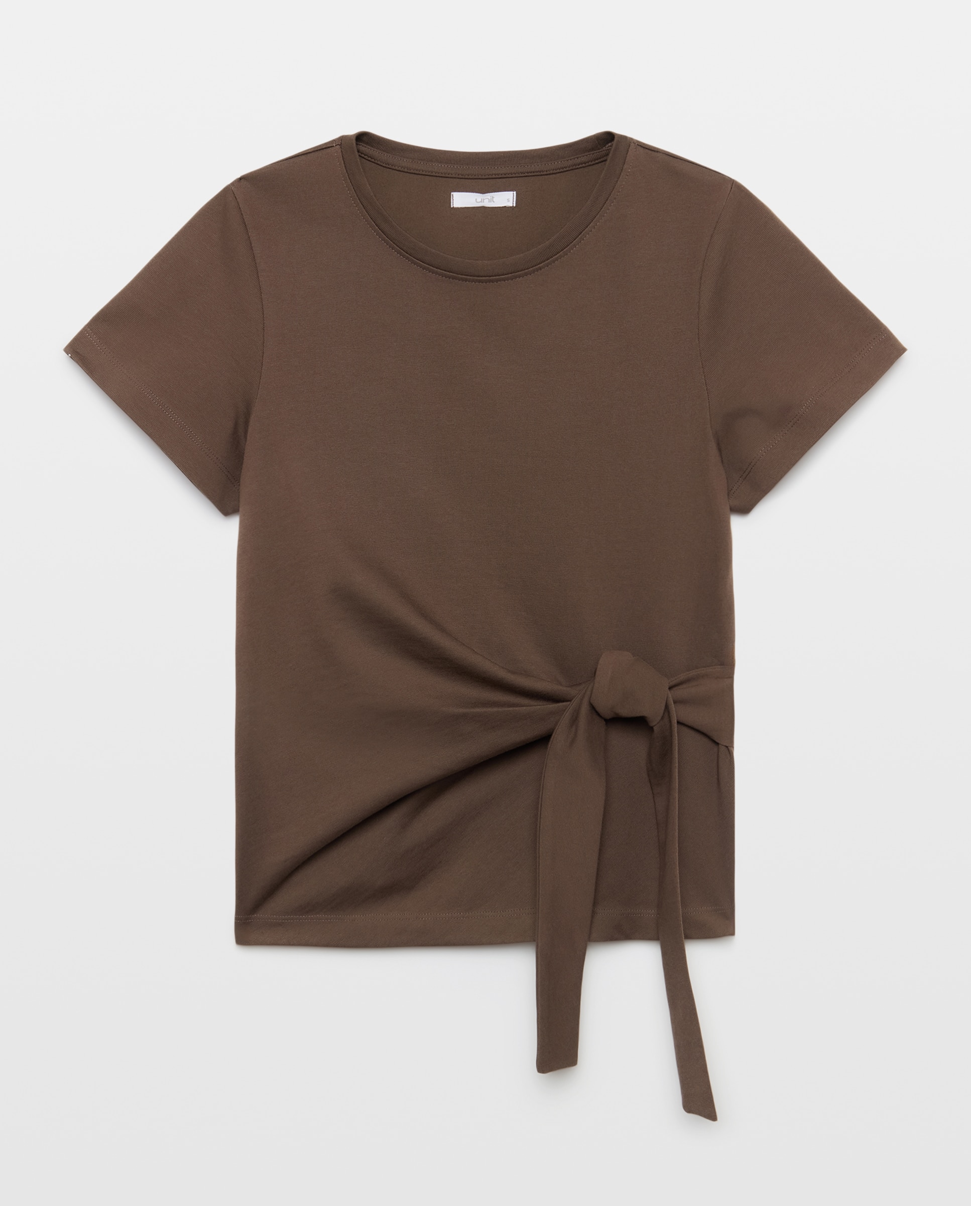 Camiseta de mujer cuello caja nudo lateral Marrón-4