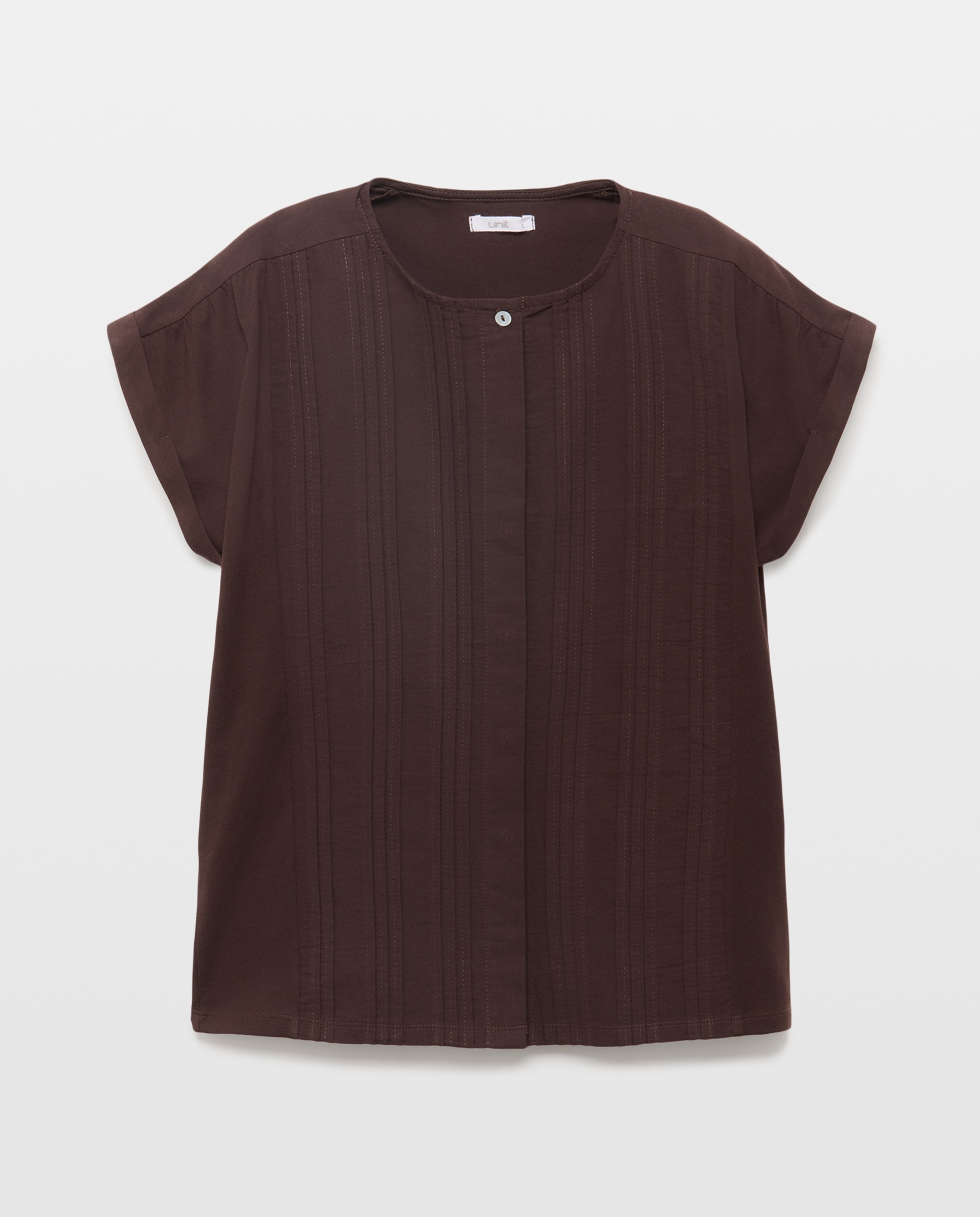 Camiseta abotonada de mujer cuello caja combinada Chocolate-4
