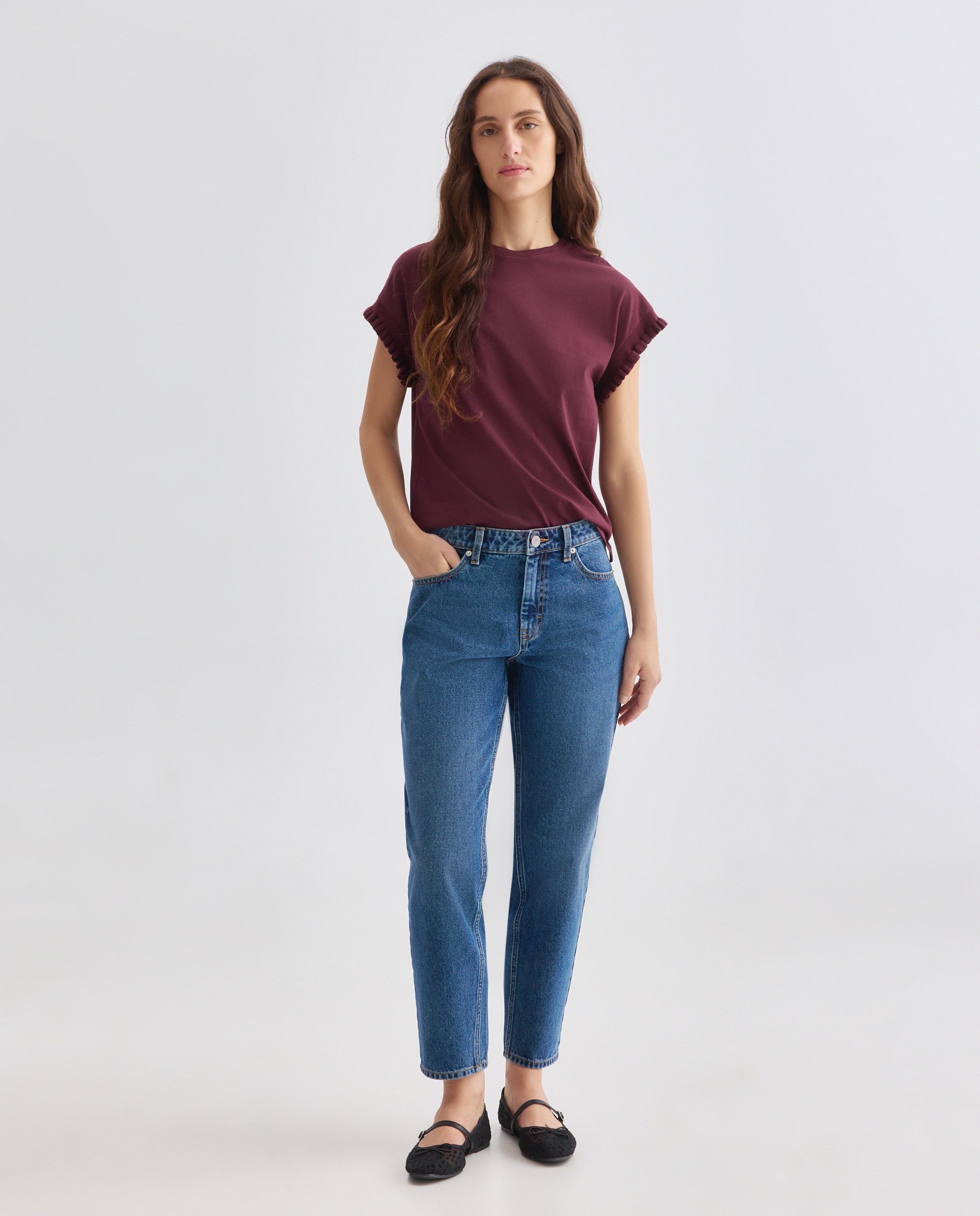 Camiseta de mujer cuello caja acabado manga volante 291 Berenjena-2