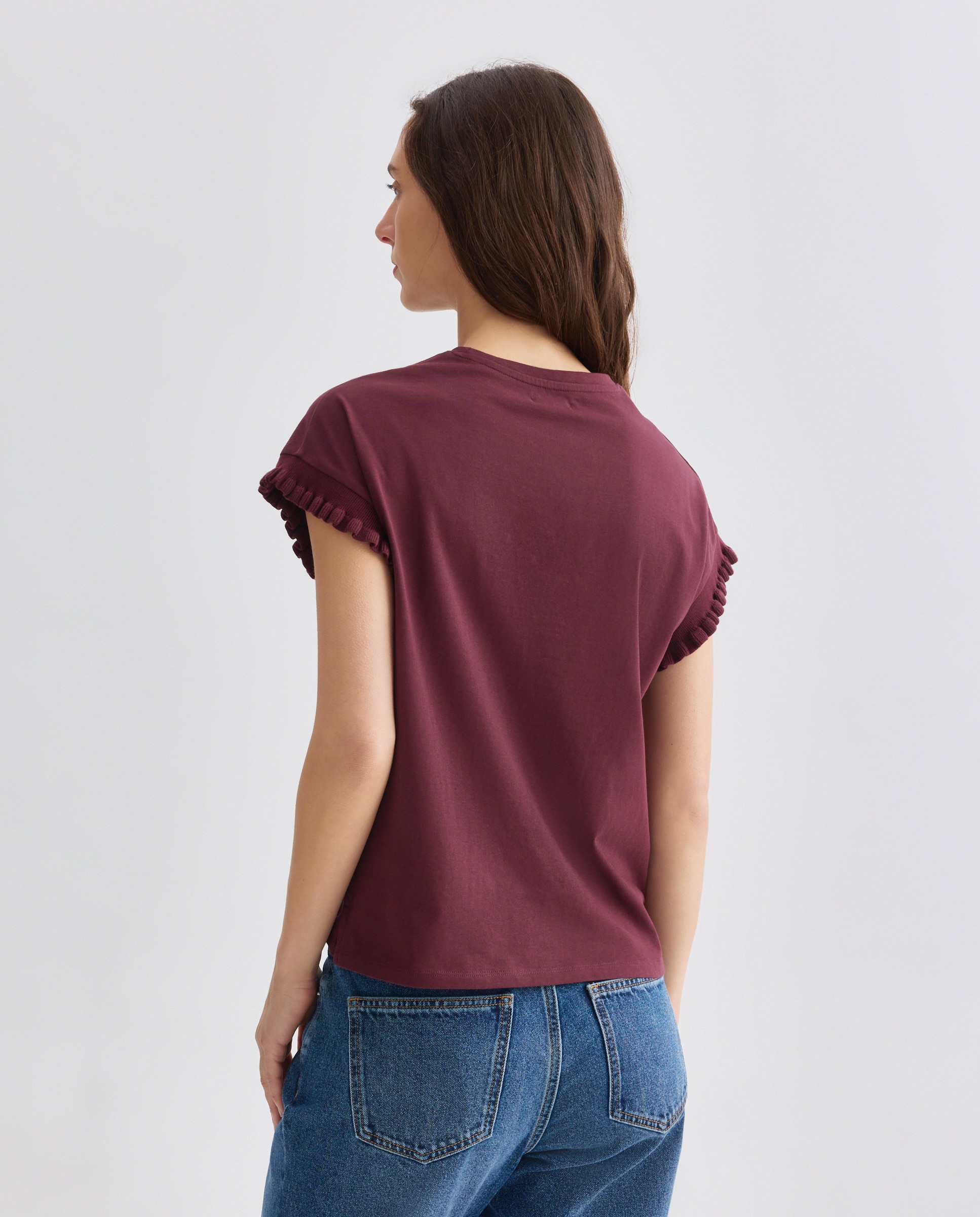 Camiseta de mujer cuello caja acabado manga volante 291 Berenjena-3