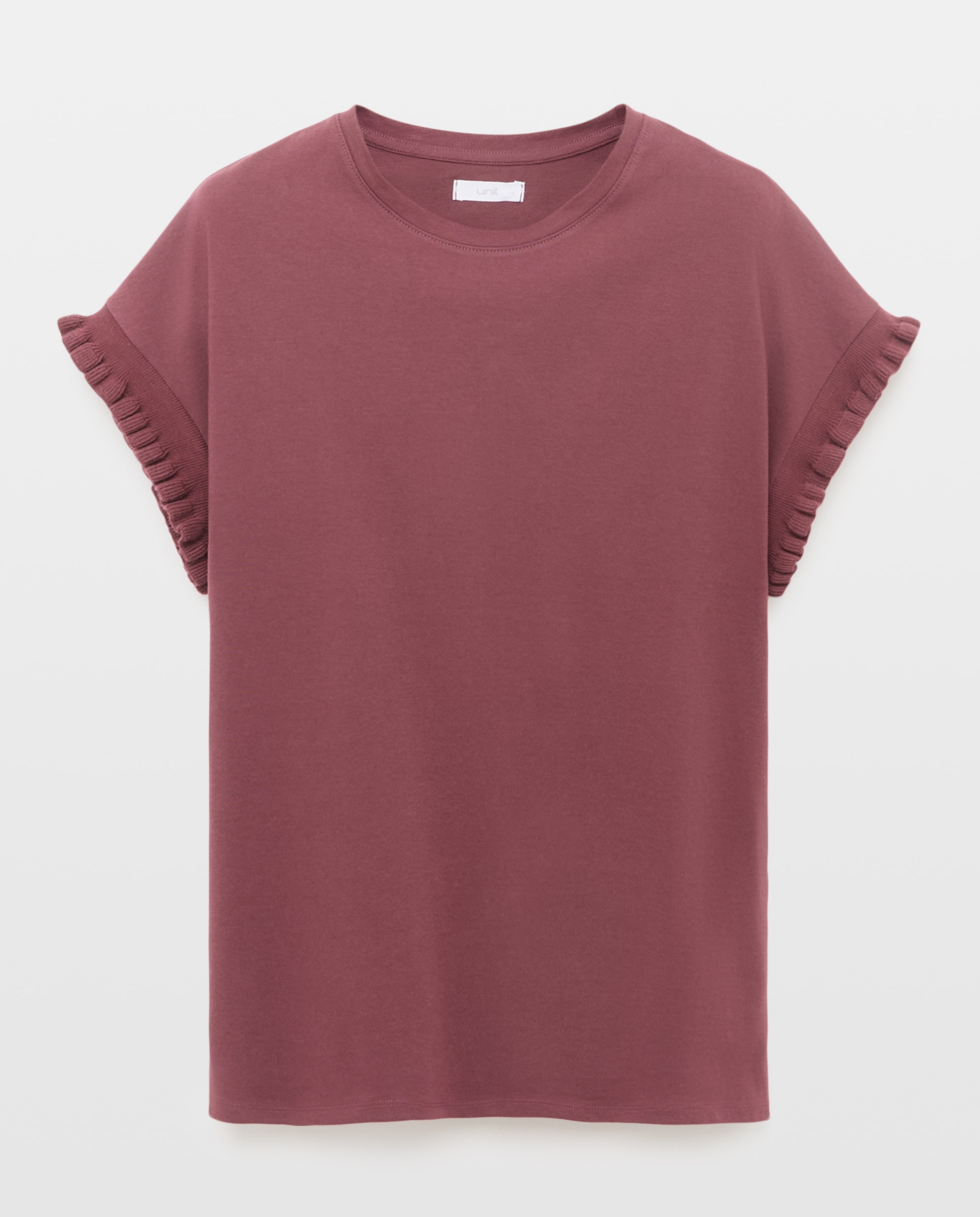 Camiseta de mujer cuello caja acabado manga volante 291 Berenjena-4