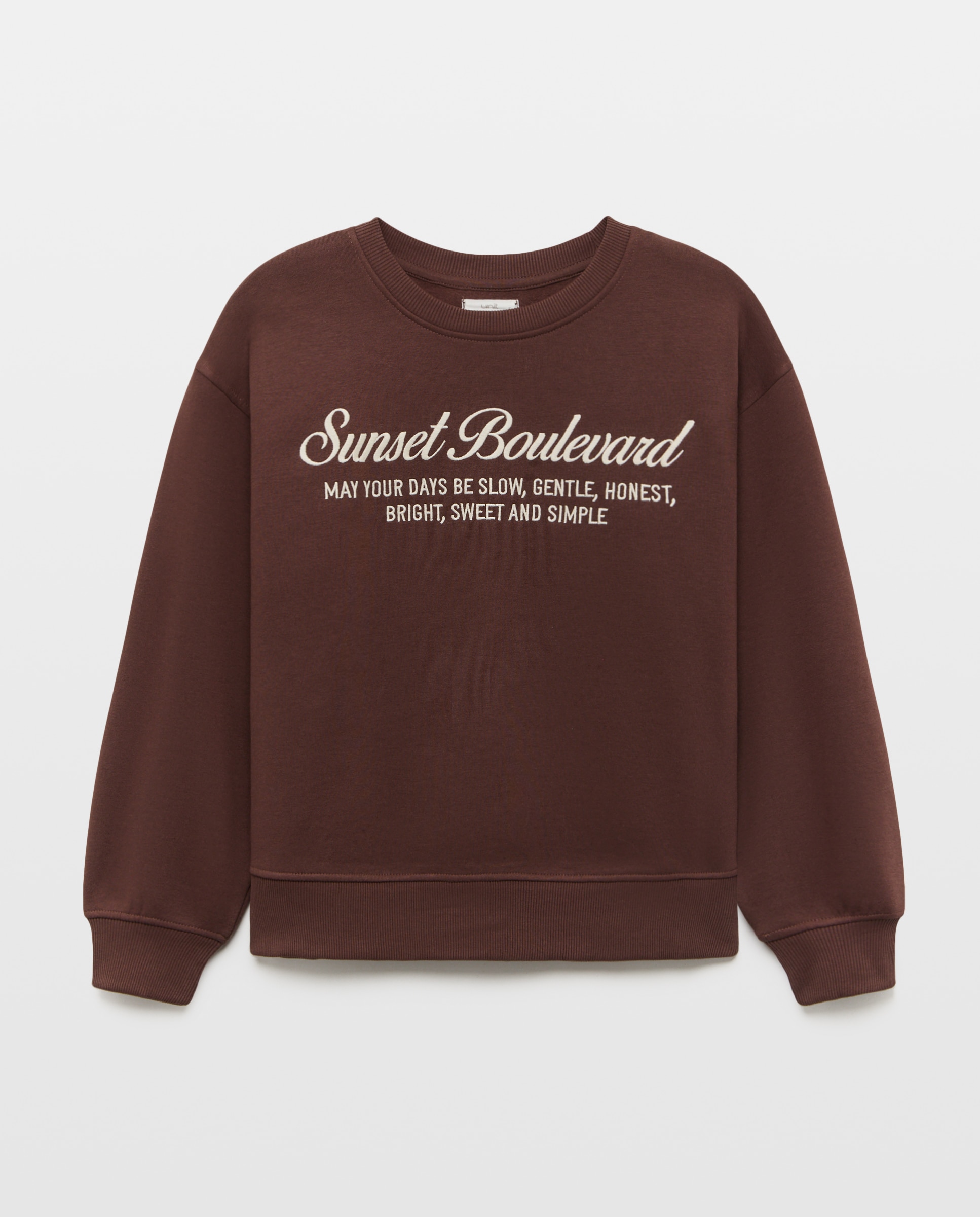Sudadera de mujer cuello caja y texto bordado Marrón-4