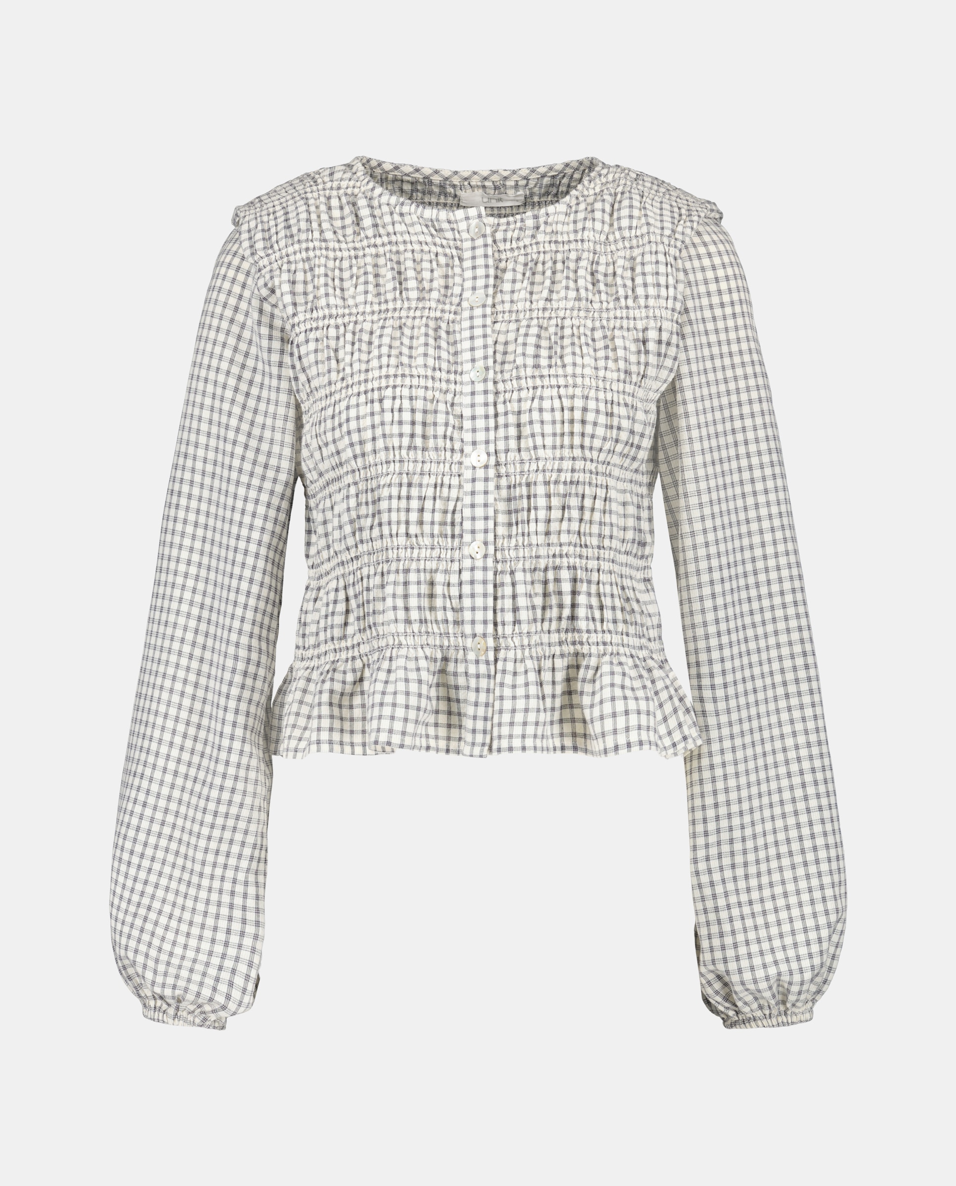 Blusa de mujer fruncida con hombreras de cuadros vichy Negro-4