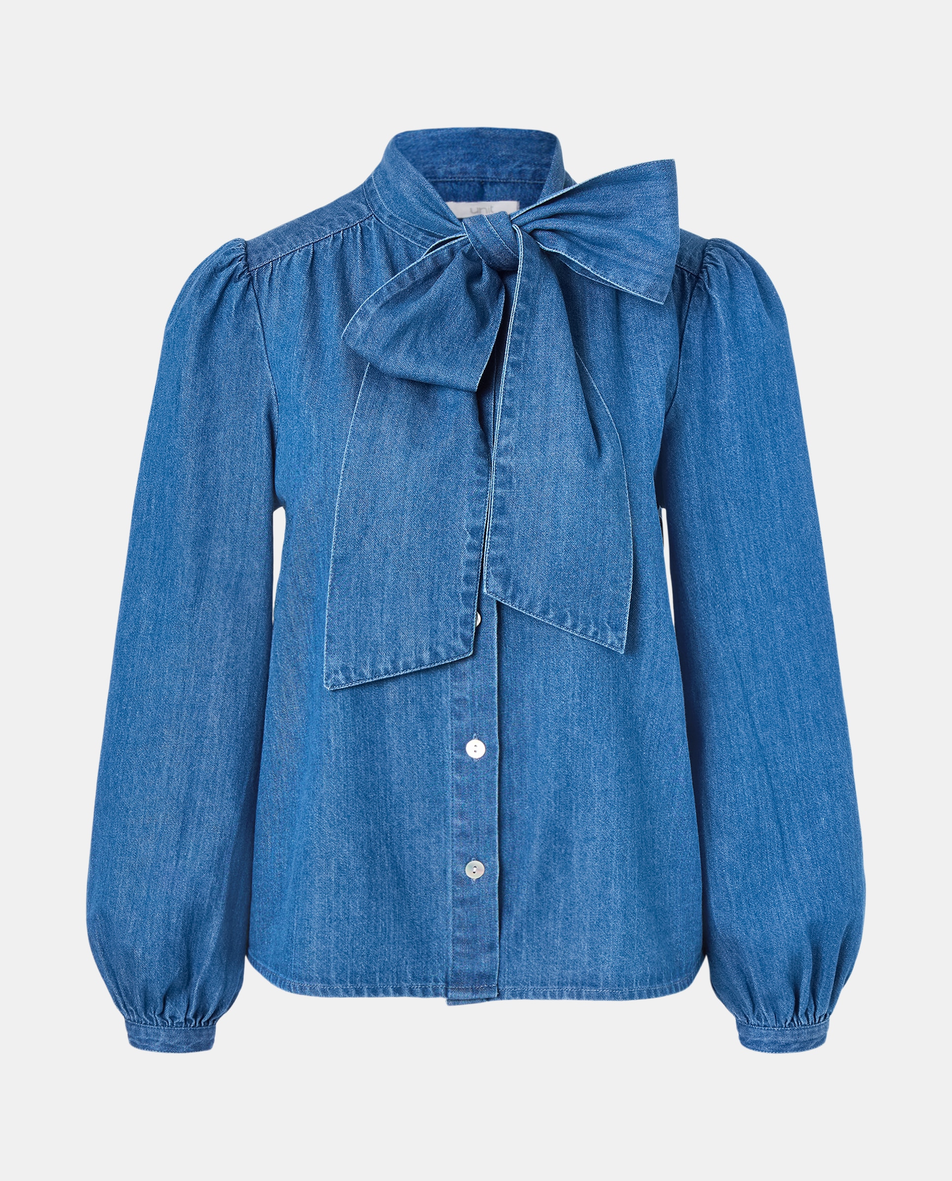 Blusa de mujer denim con lazada Azul pálido-4