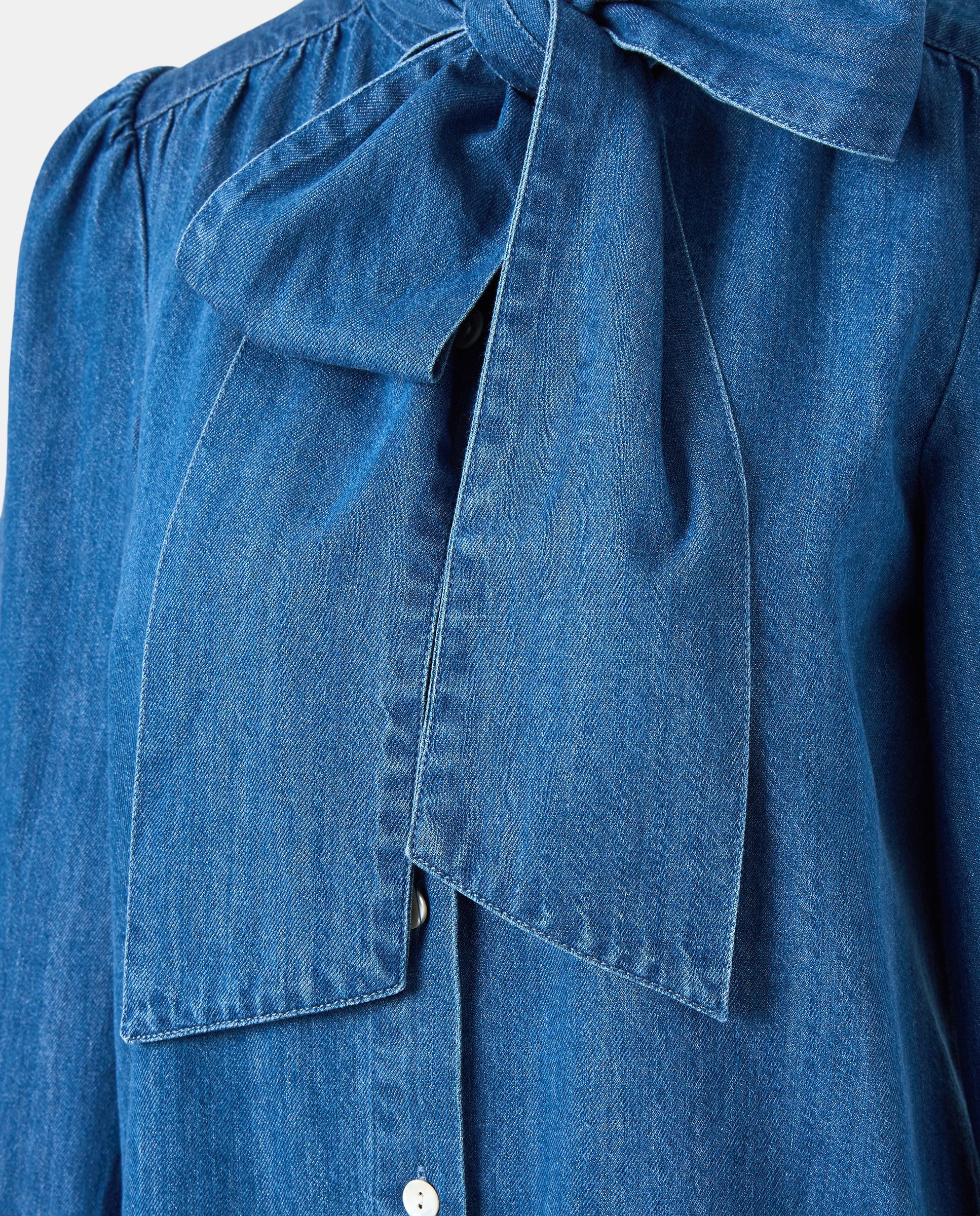 Blusa de mujer denim con lazada Azul pálido-5