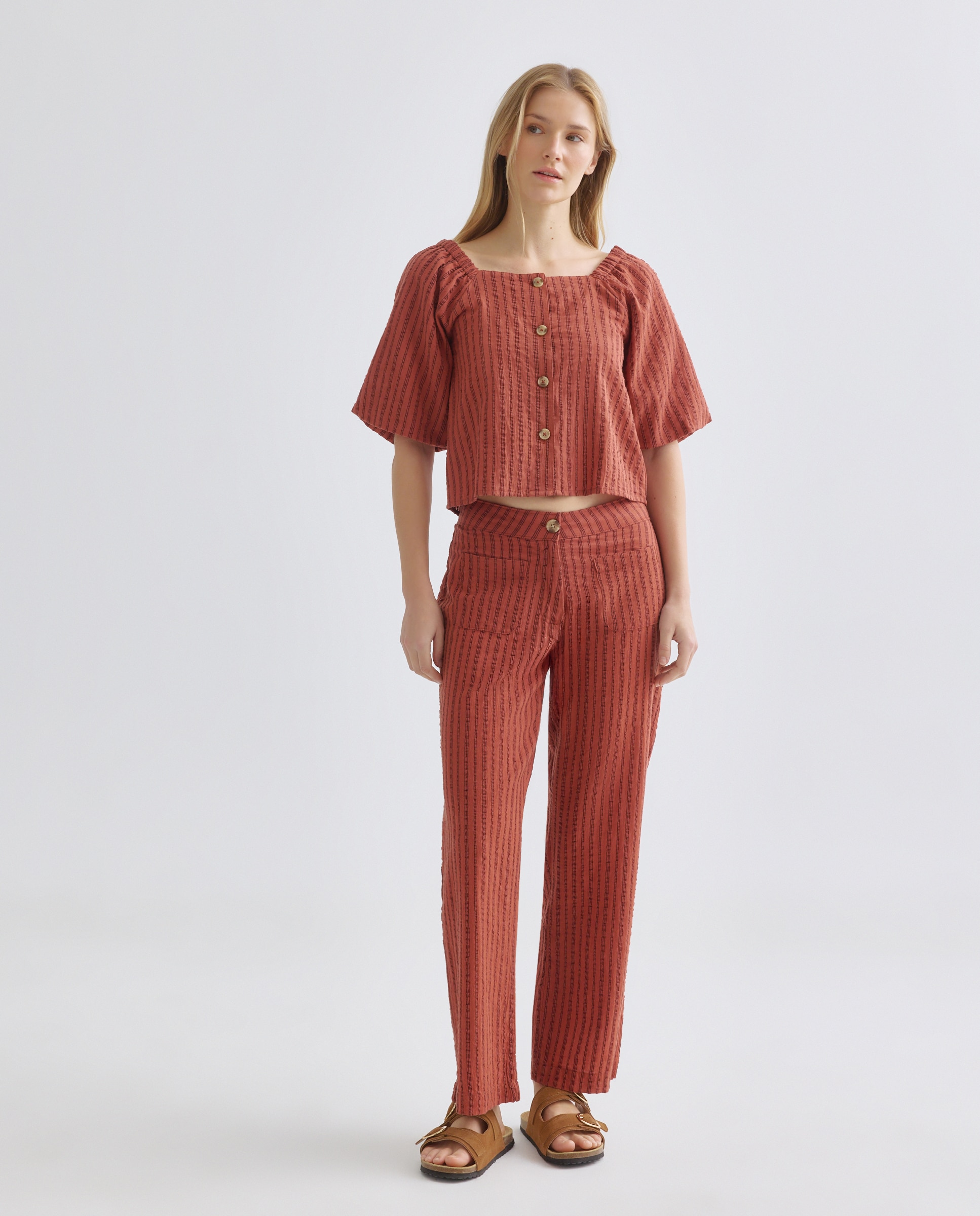 Blusa de mujer con escote cuadrado de rayas total look Rojo-2