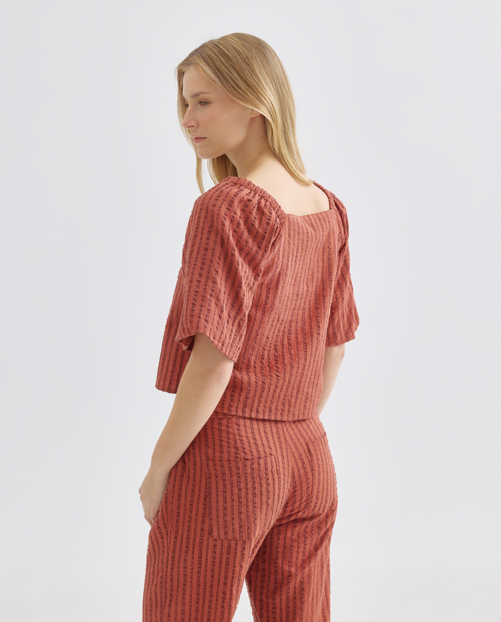 Blusa de mujer con escote cuadrado de rayas total look Rojo-3