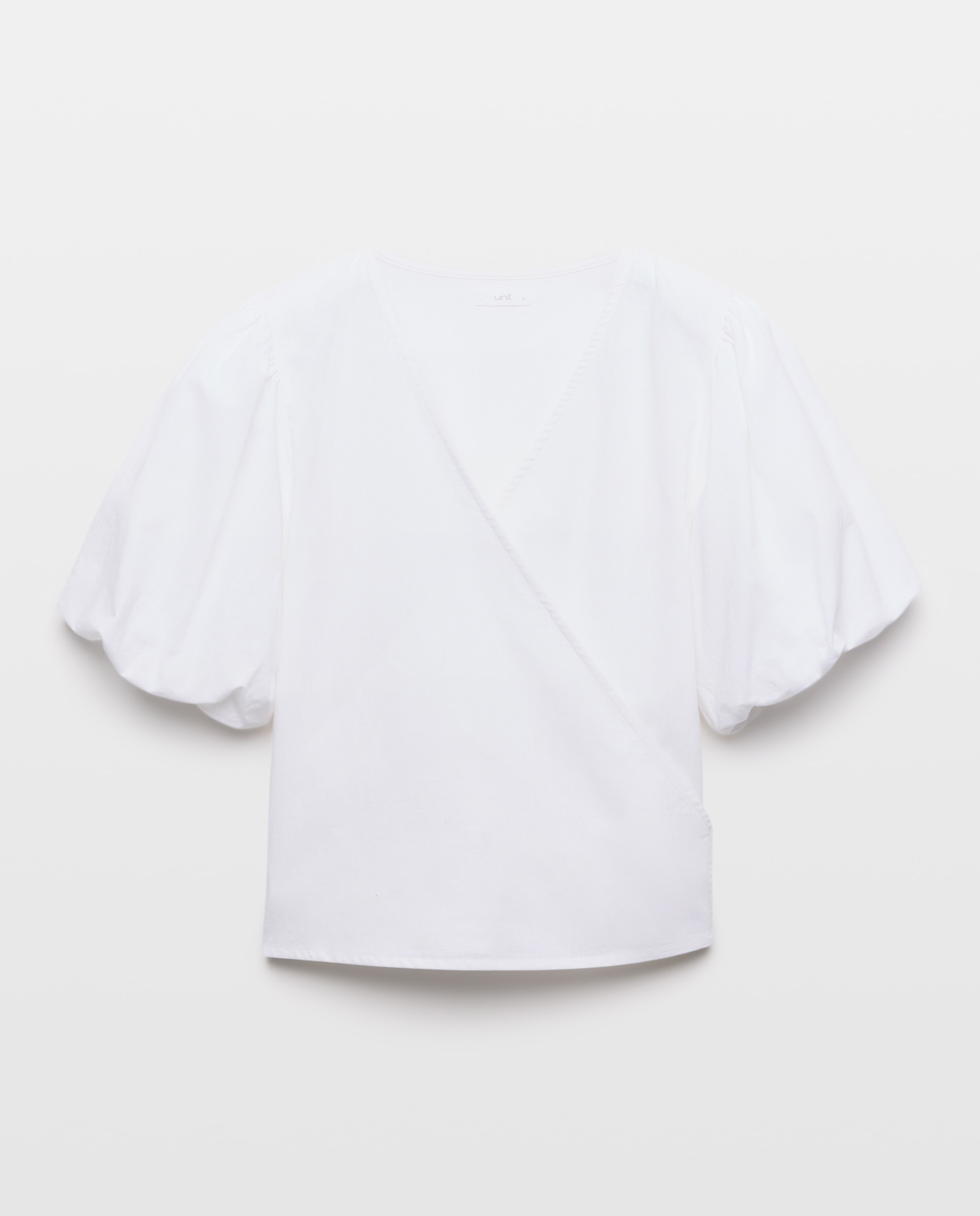 Blusa de mujer cruzada con manga abullonada Blanco-4