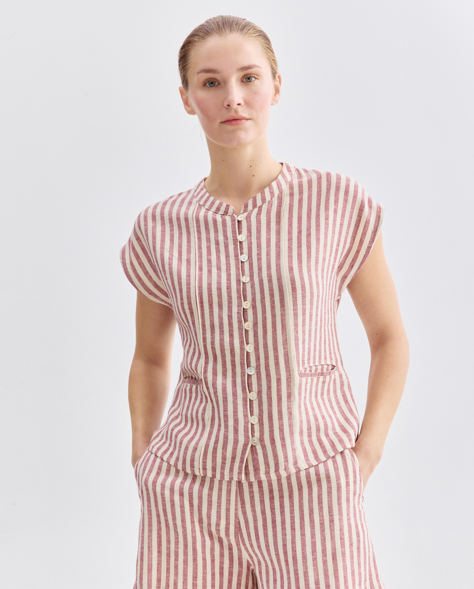 Chaleco de mujer de rayas con lino total look Rojo-1