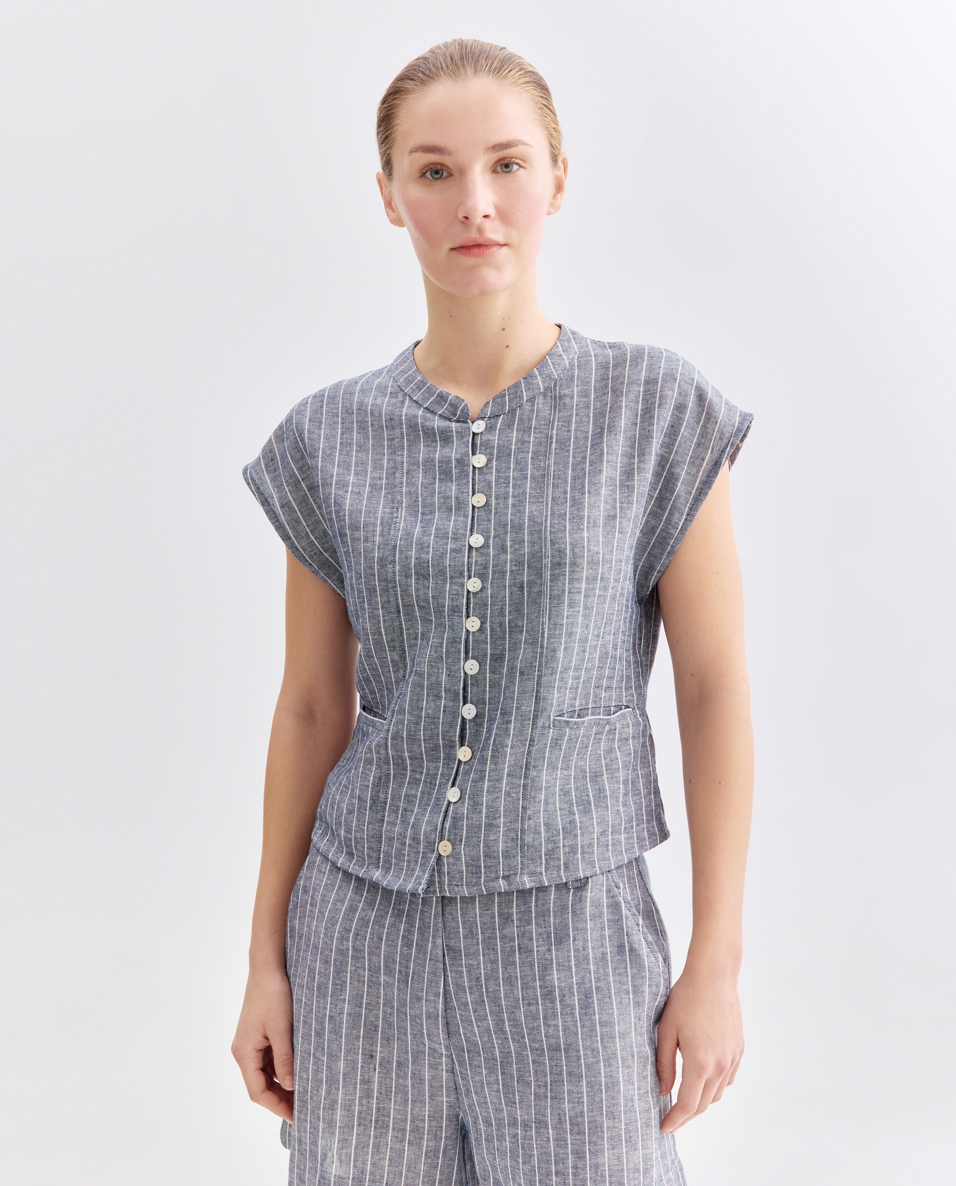 Chaleco de mujer de rayas con lino total look Azul-1