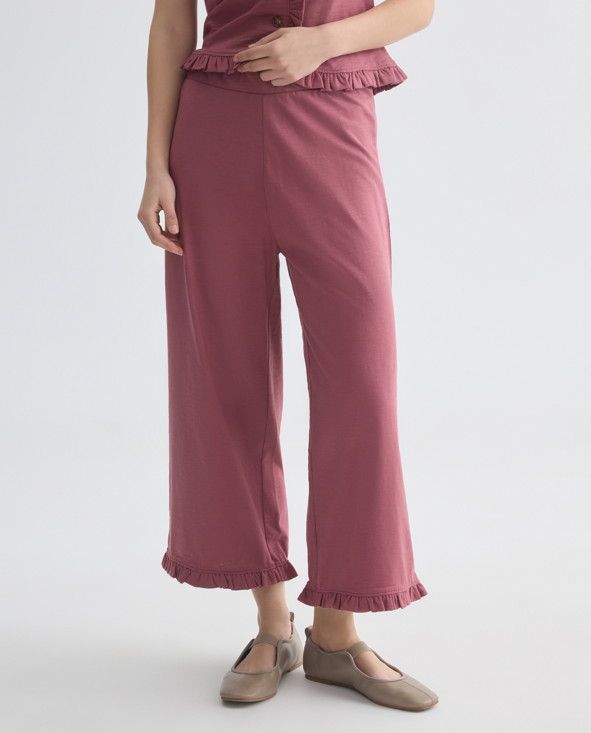 Pantalón ancho mujer con volantes en el bajo 230 Rosa oscuro-2