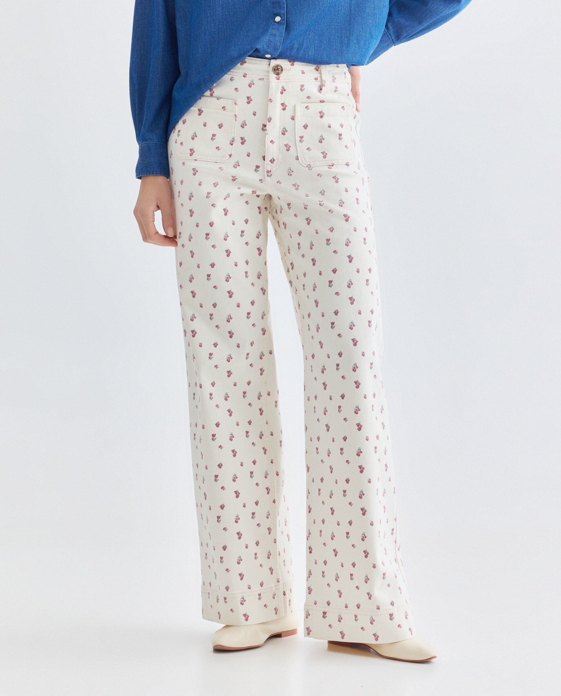 Pantalón de mujer wide-leg de flores con bolsillos Multicolor-2