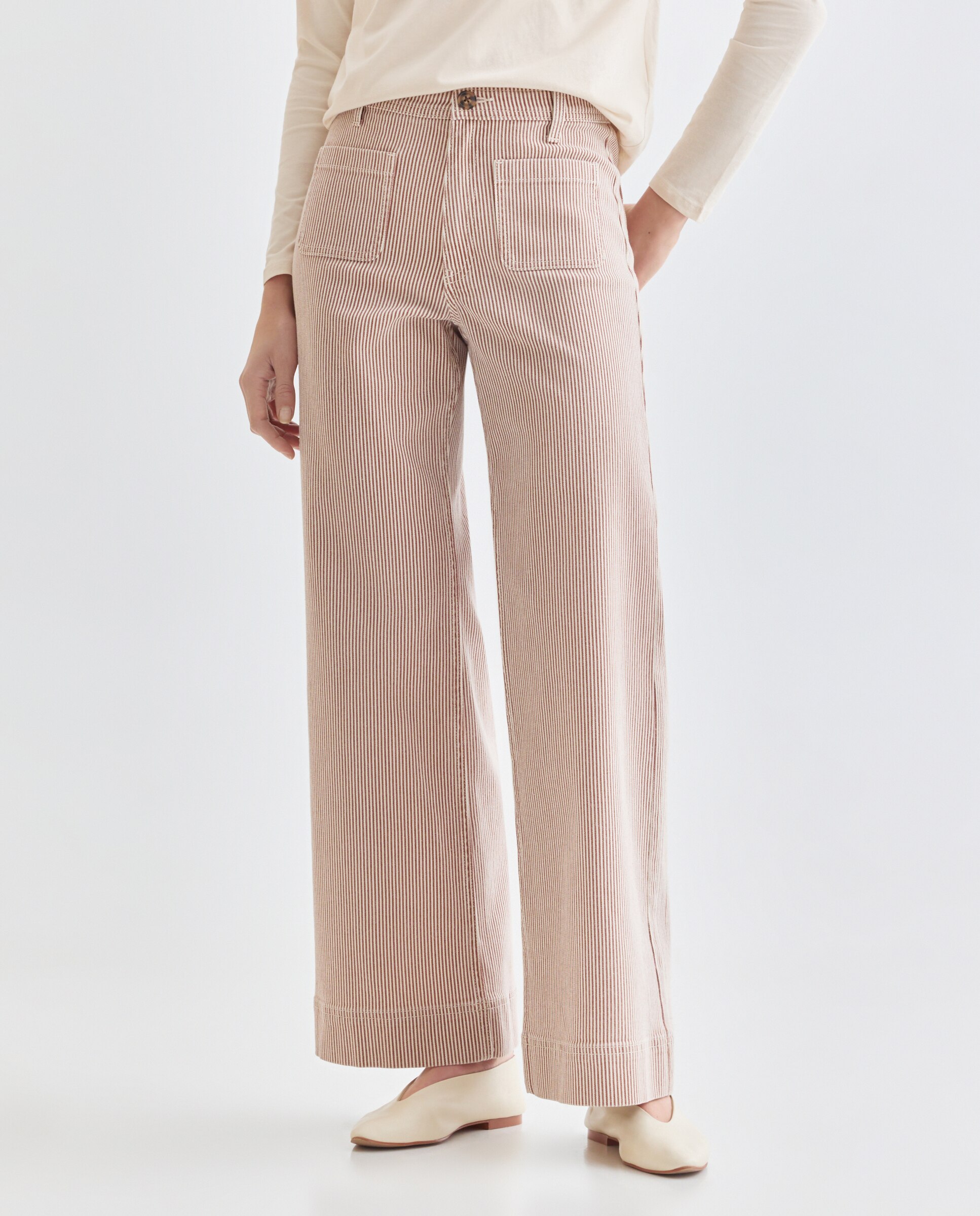 Pantalón de mujer wide-leg de rayas con bolsillos Marrón-2