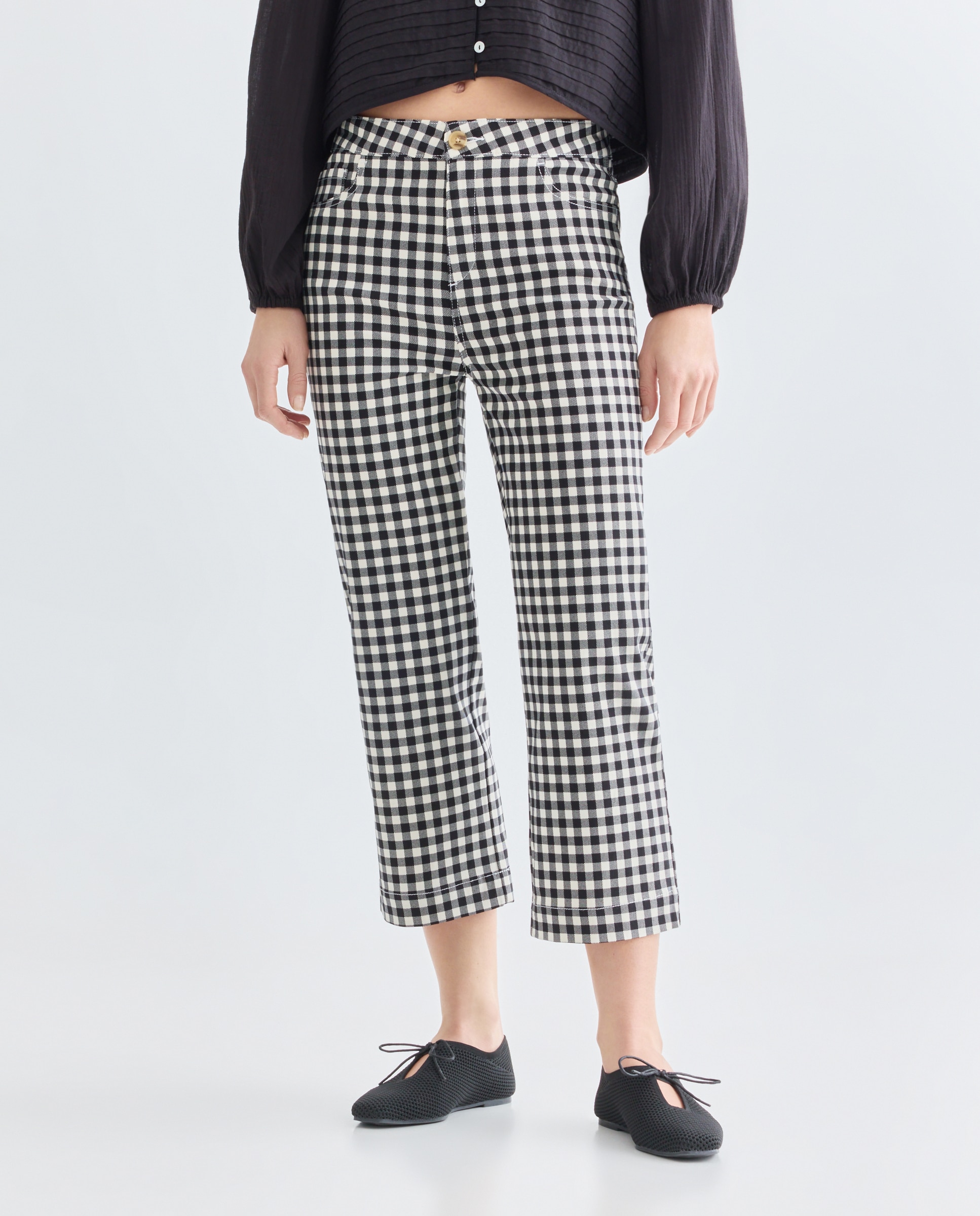 Pantalon de mujer recto de cuadros vichy Negro-2