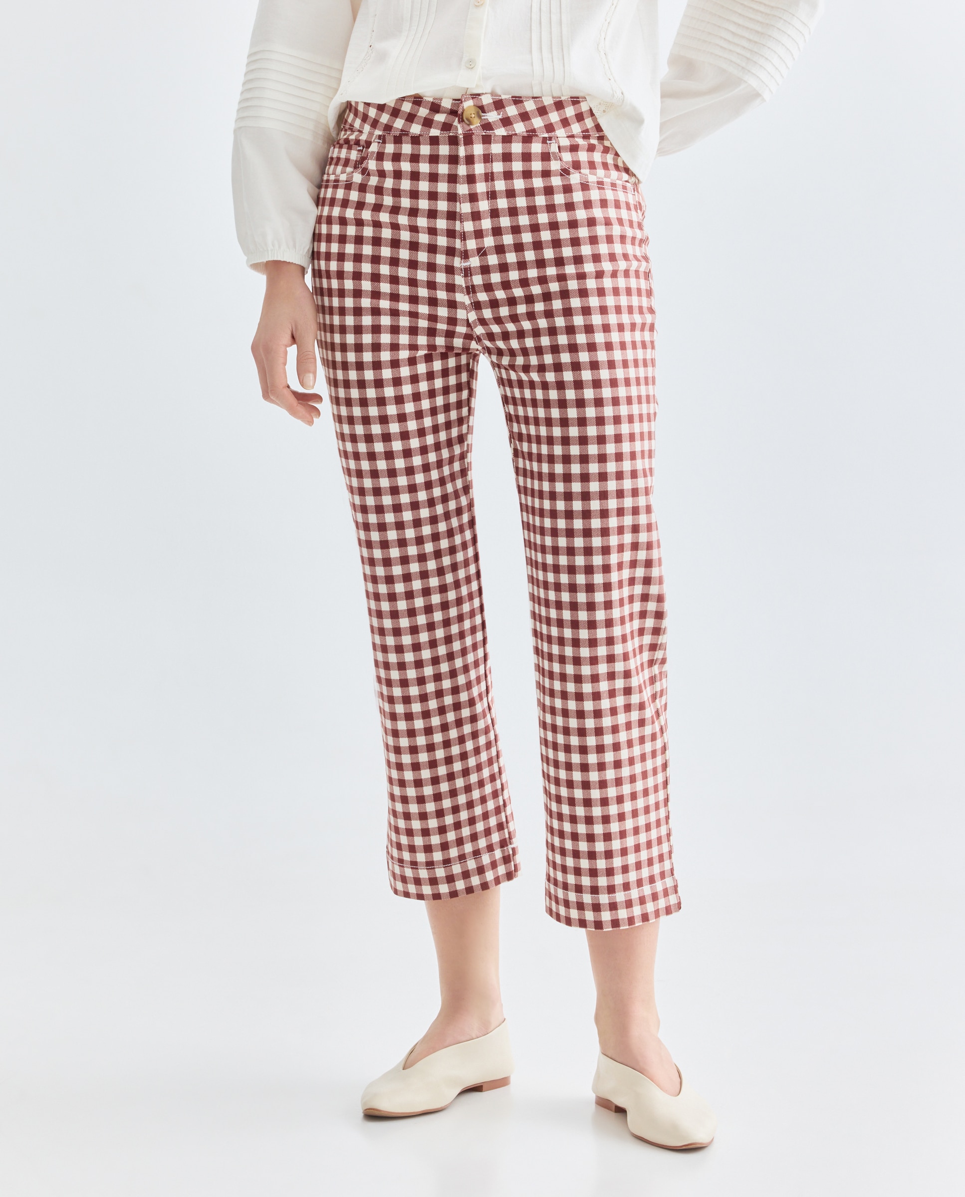 Pantalon de mujer recto de cuadros vichy Marrón-2