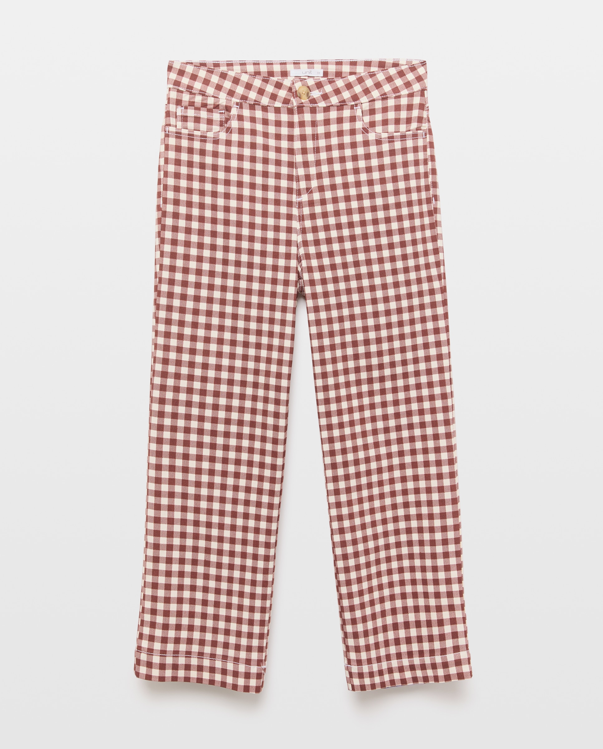 Pantalon de mujer recto de cuadros vichy Marrón-4
