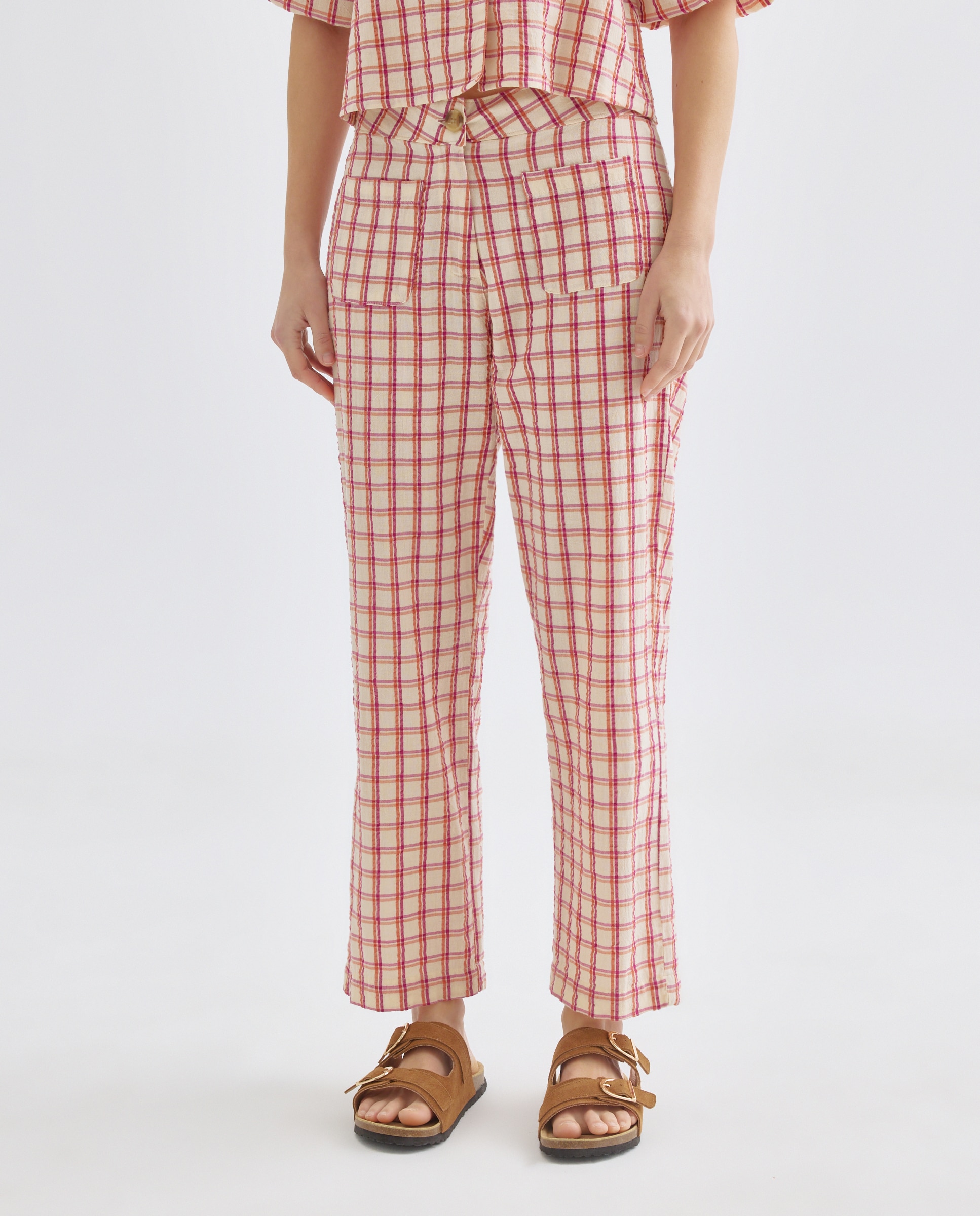 Pantalón de mujer recto de cuadros total look Morado-2
