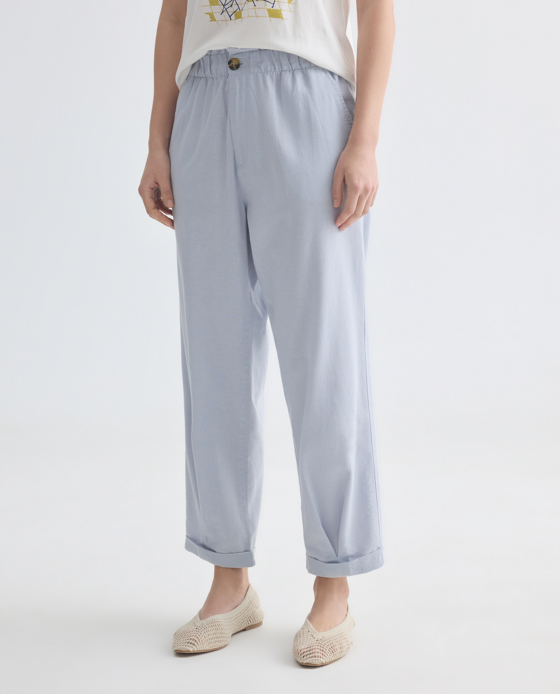 Pantalón de mujer de algodón con cintura elástica Azul Cielo-2