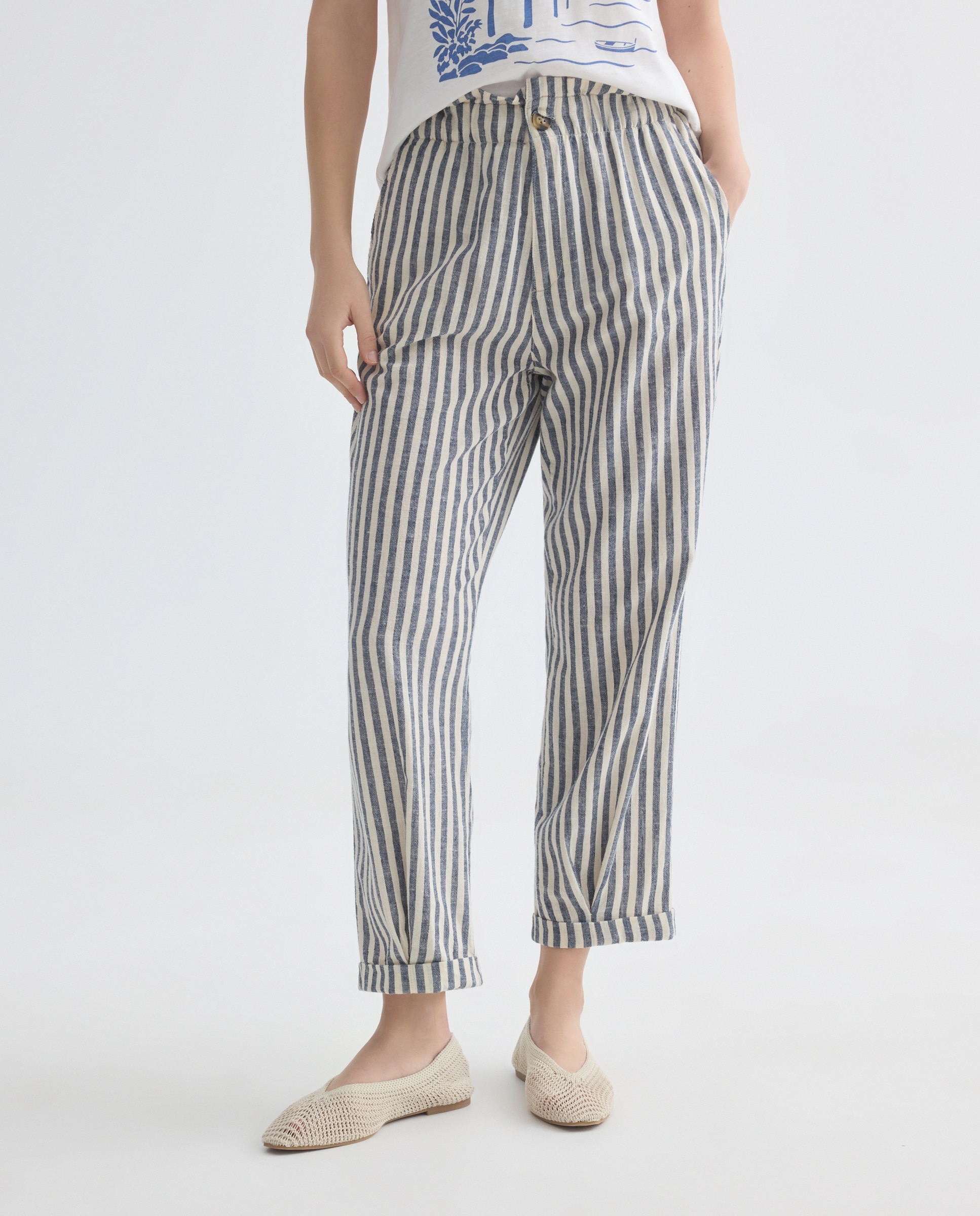 Pantalón de mujer de rayas de algodón con cintura elástica Azul-2