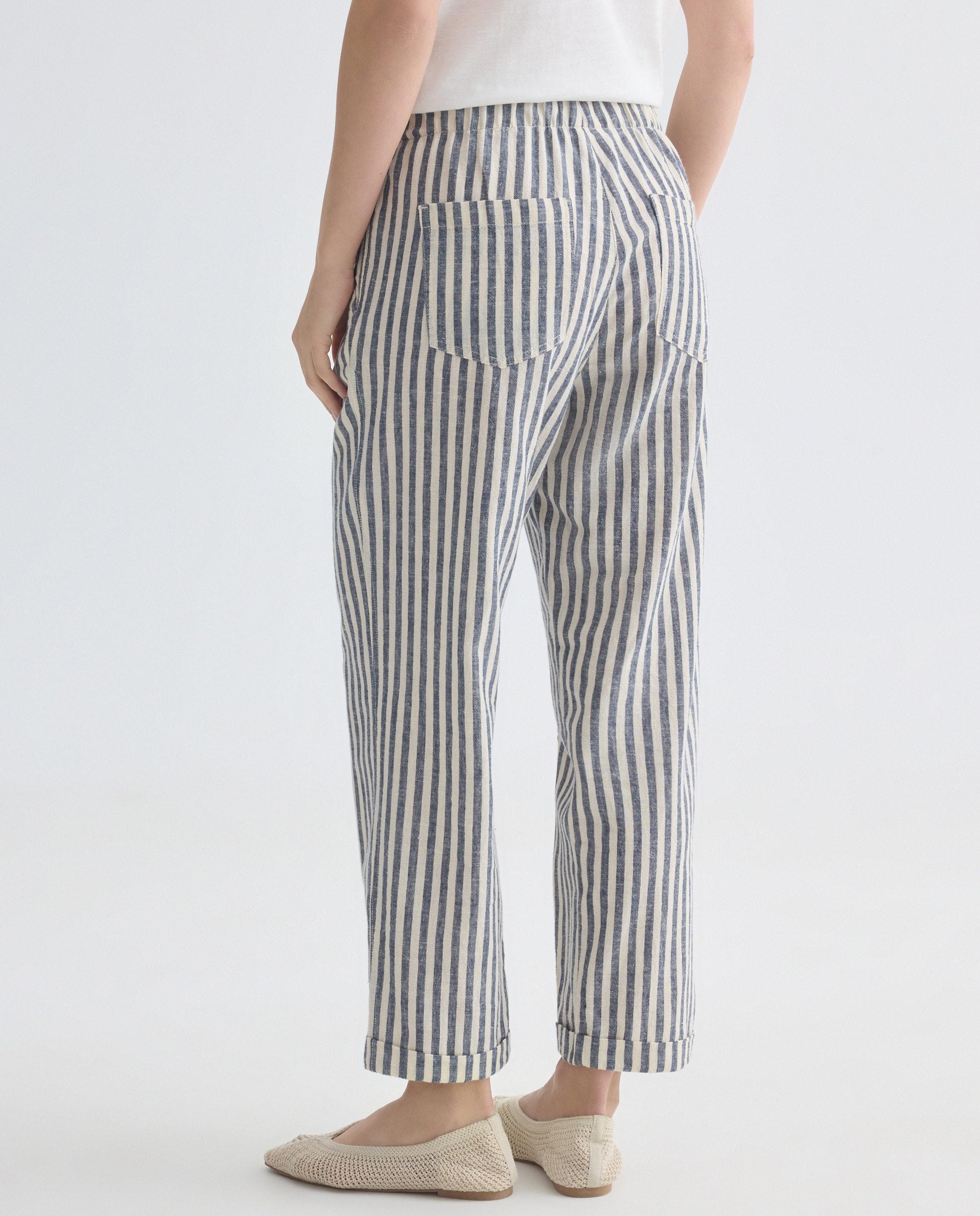 Pantalón de mujer de rayas de algodón con cintura elástica Azul-3