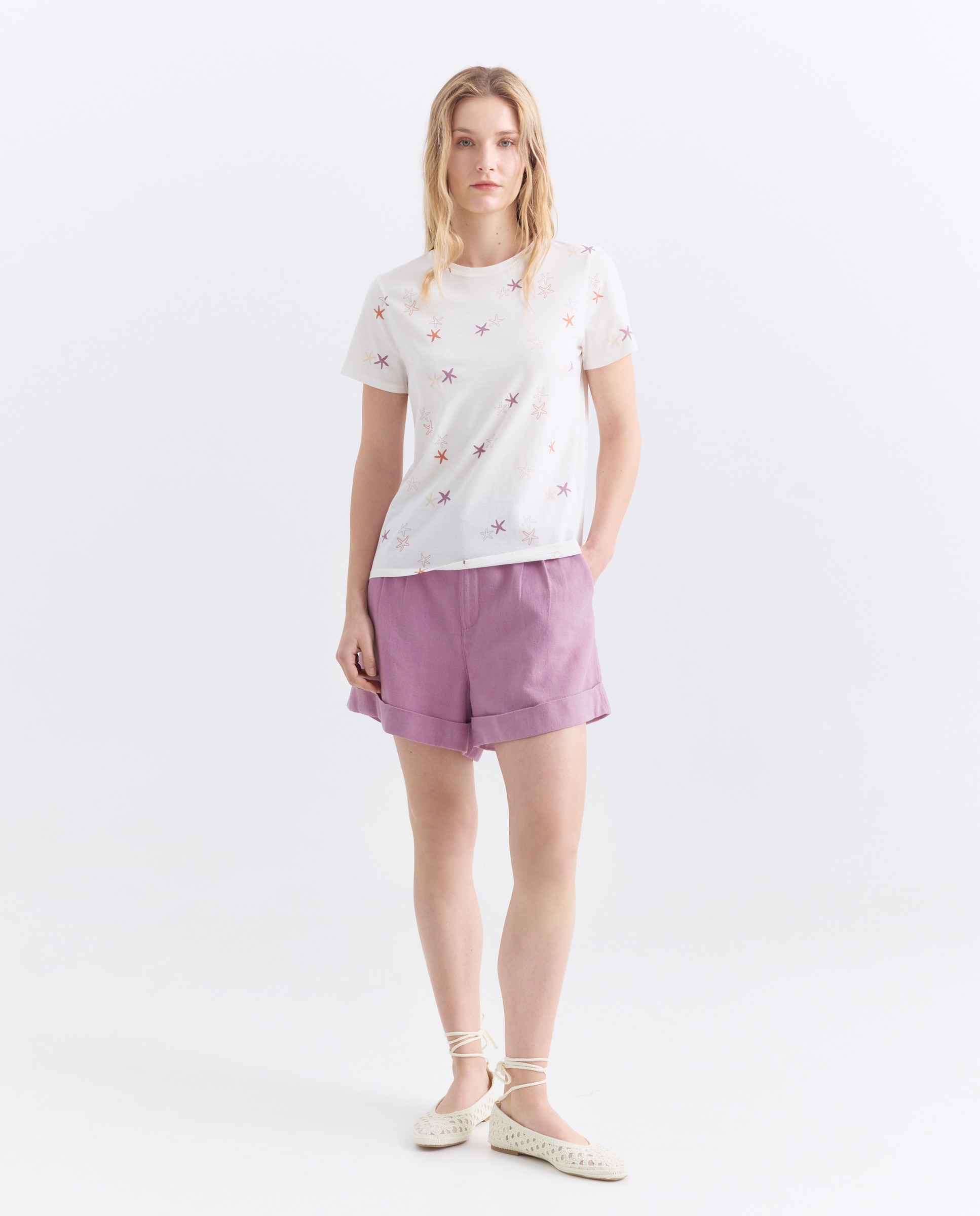 Bermuda de mujer pinzas con lino Morado-1