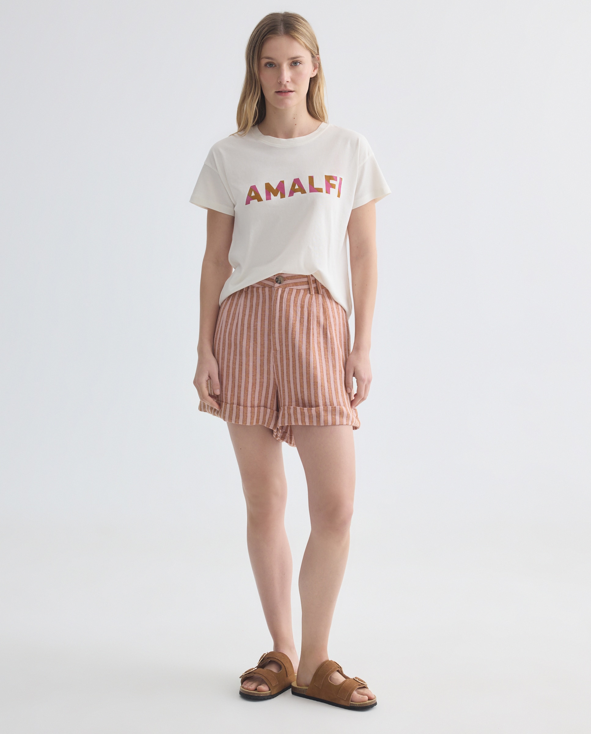 Imagen 0 de Bermuda de mujer pinzas con lino de rayas