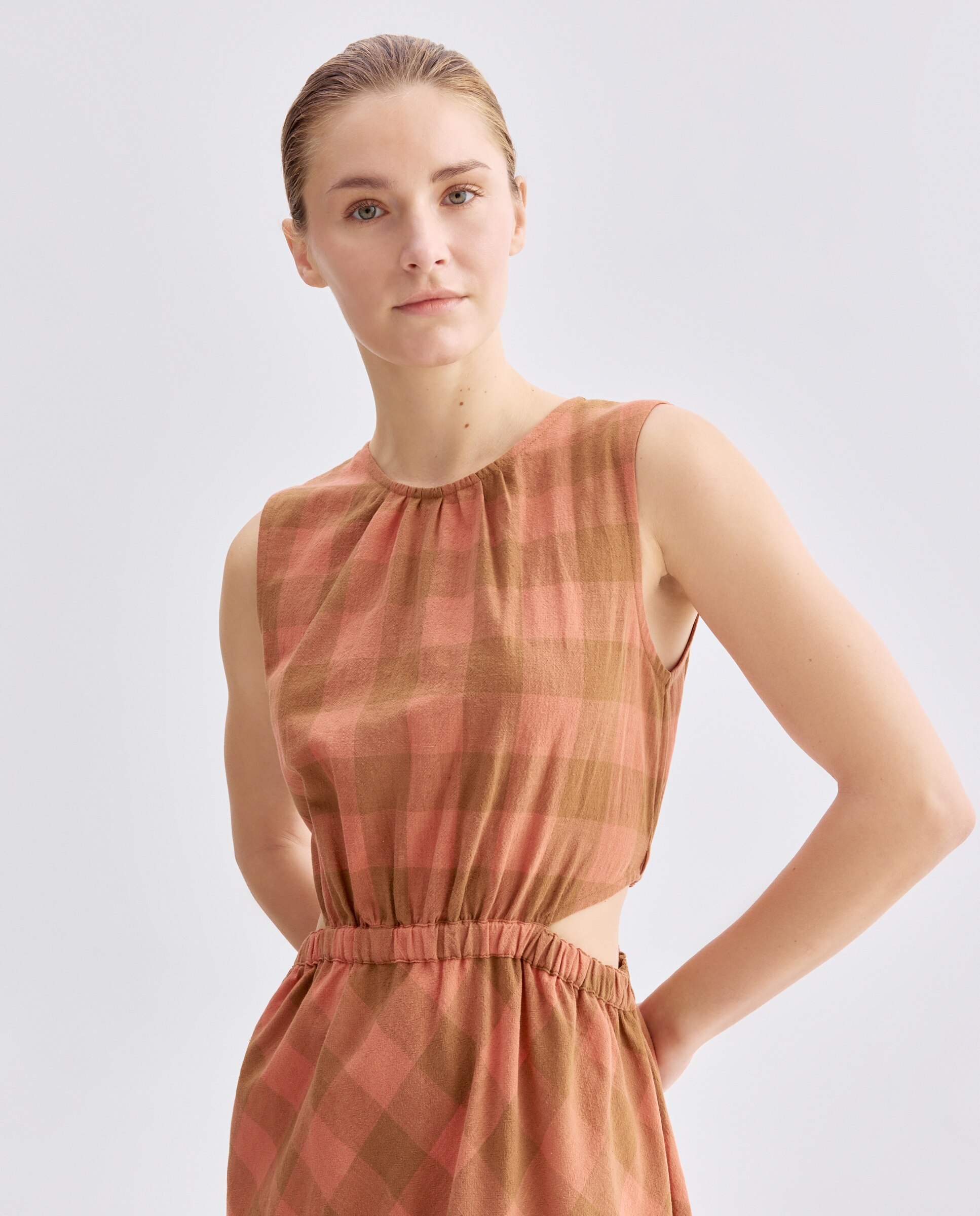 Vestido de mujer de cuadros con goma Rojo-2