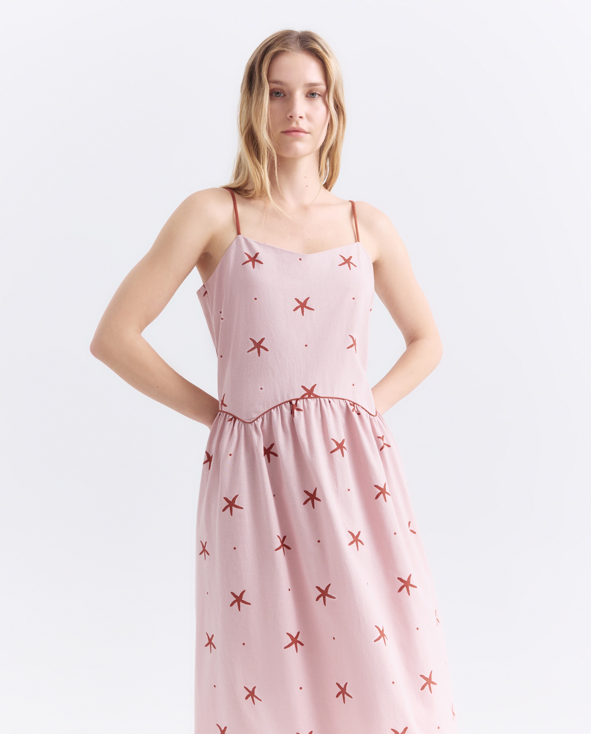 Vestido de mujer estampado con lino Rosa-2