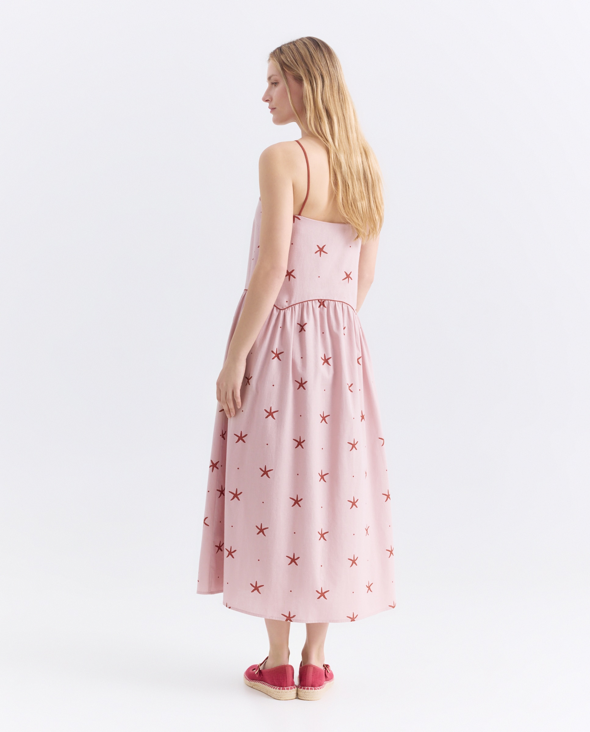 Vestido de mujer estampado con lino Rosa-3