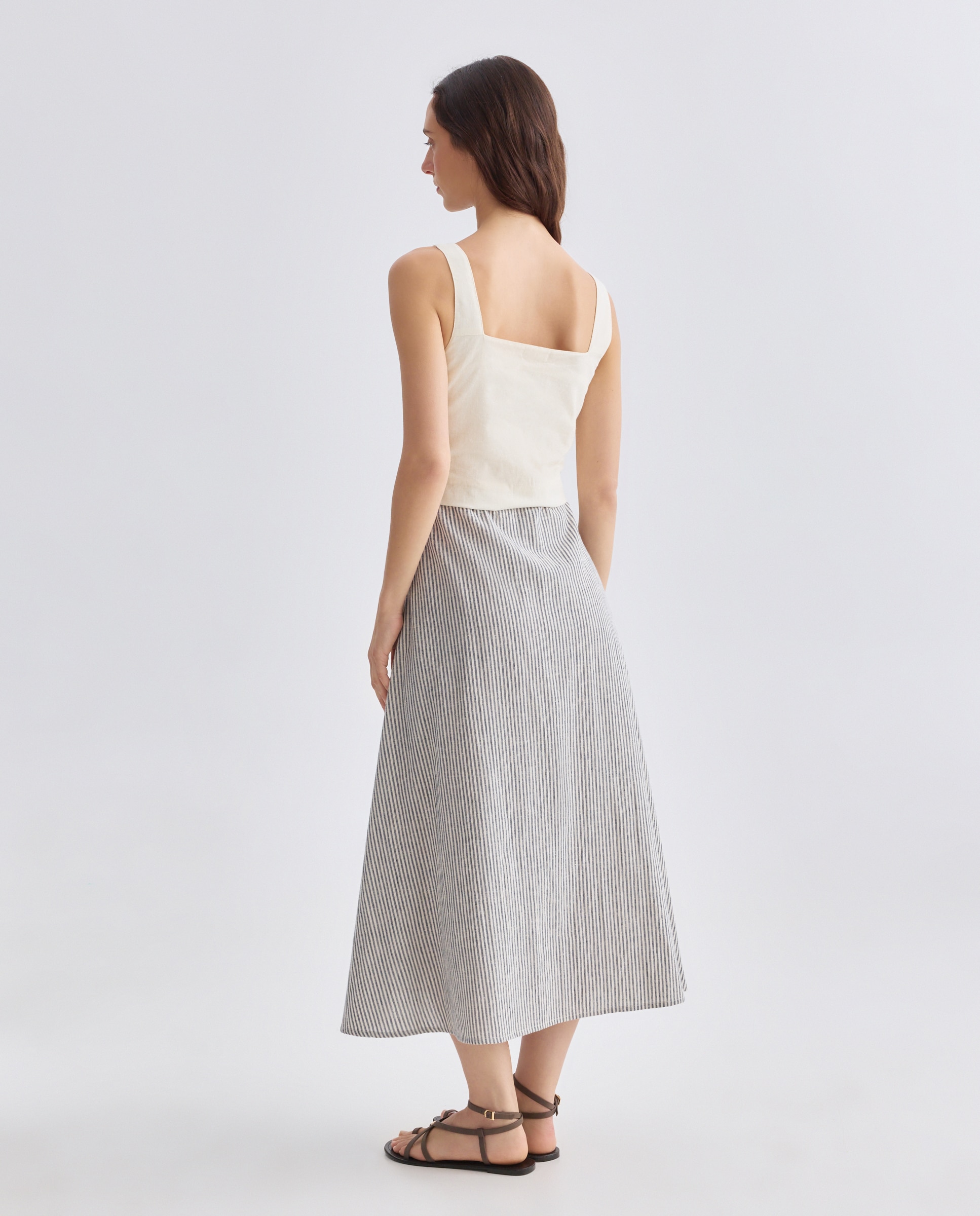 Vestido de mujer de rayas con lino Negro-2