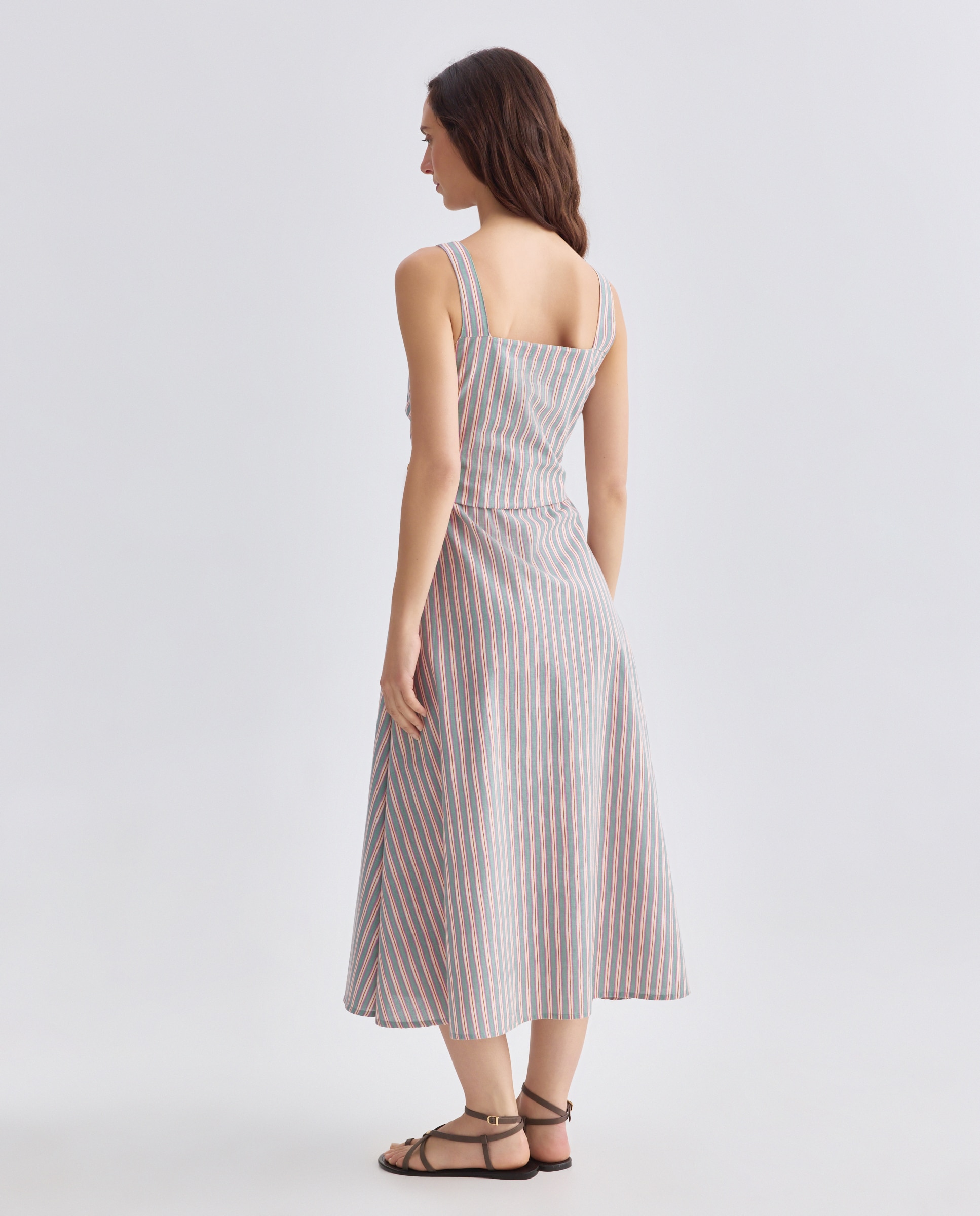 Vestido de mujer de rayas con lino Verde-2