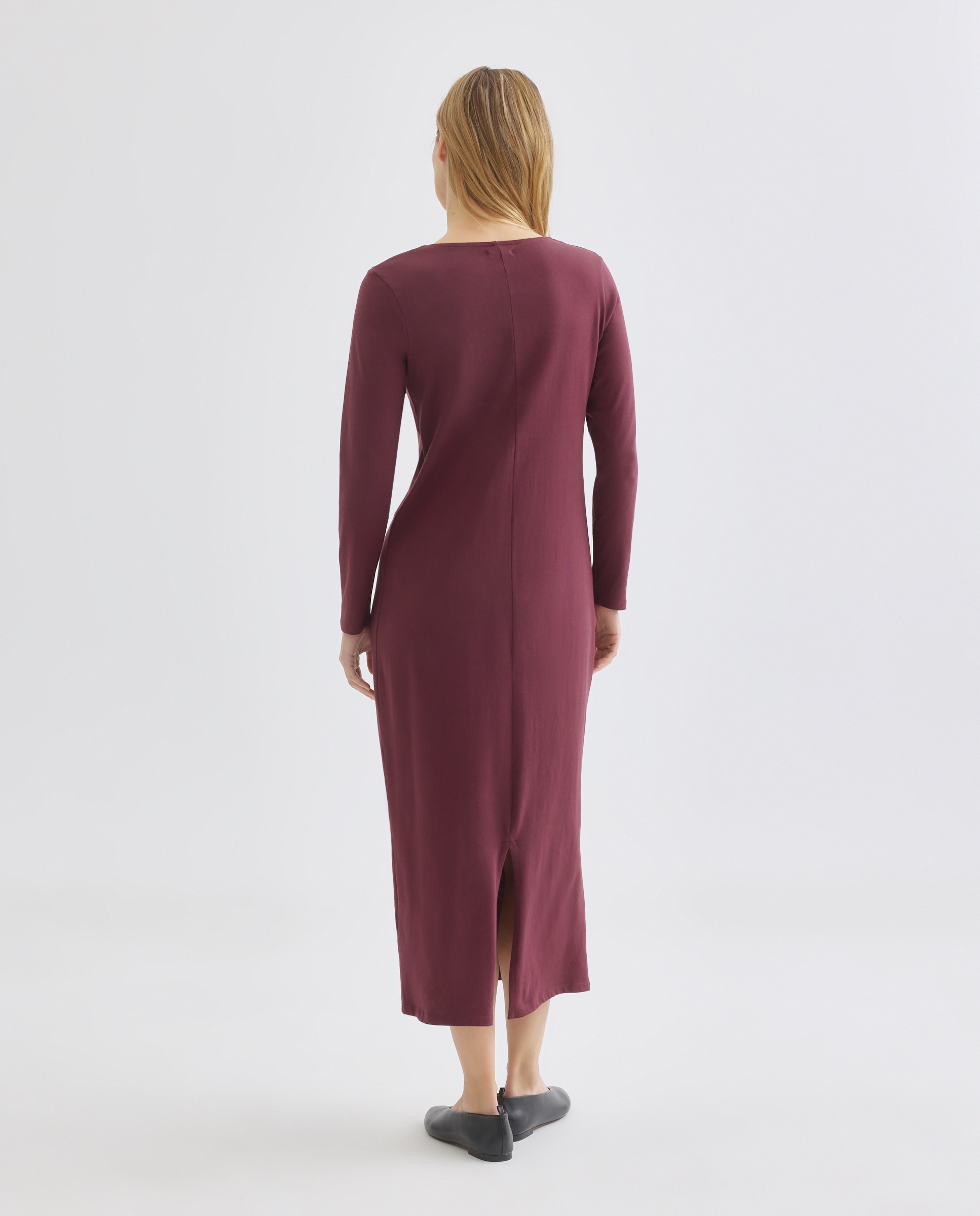 Vestido de mujer de algodón manga larga y nudo 290 Burdeos-3