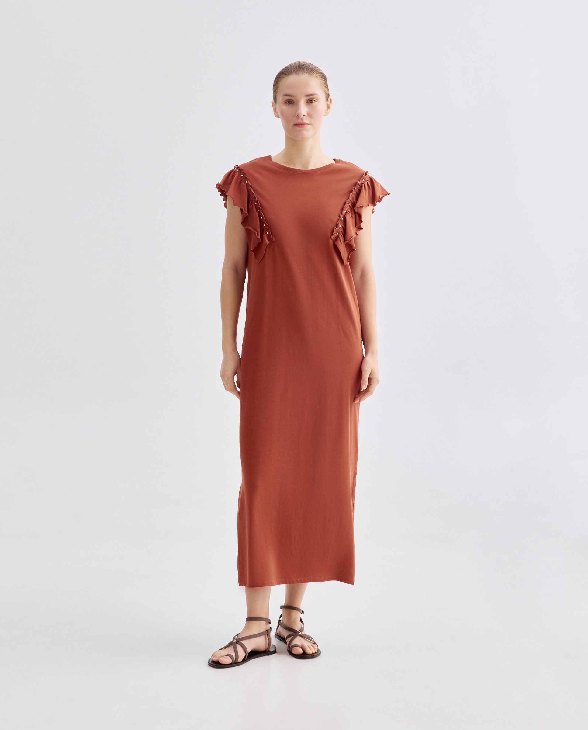 Vestido de mujer cuello caja con volantes y tachuelas Naranja quemado-1