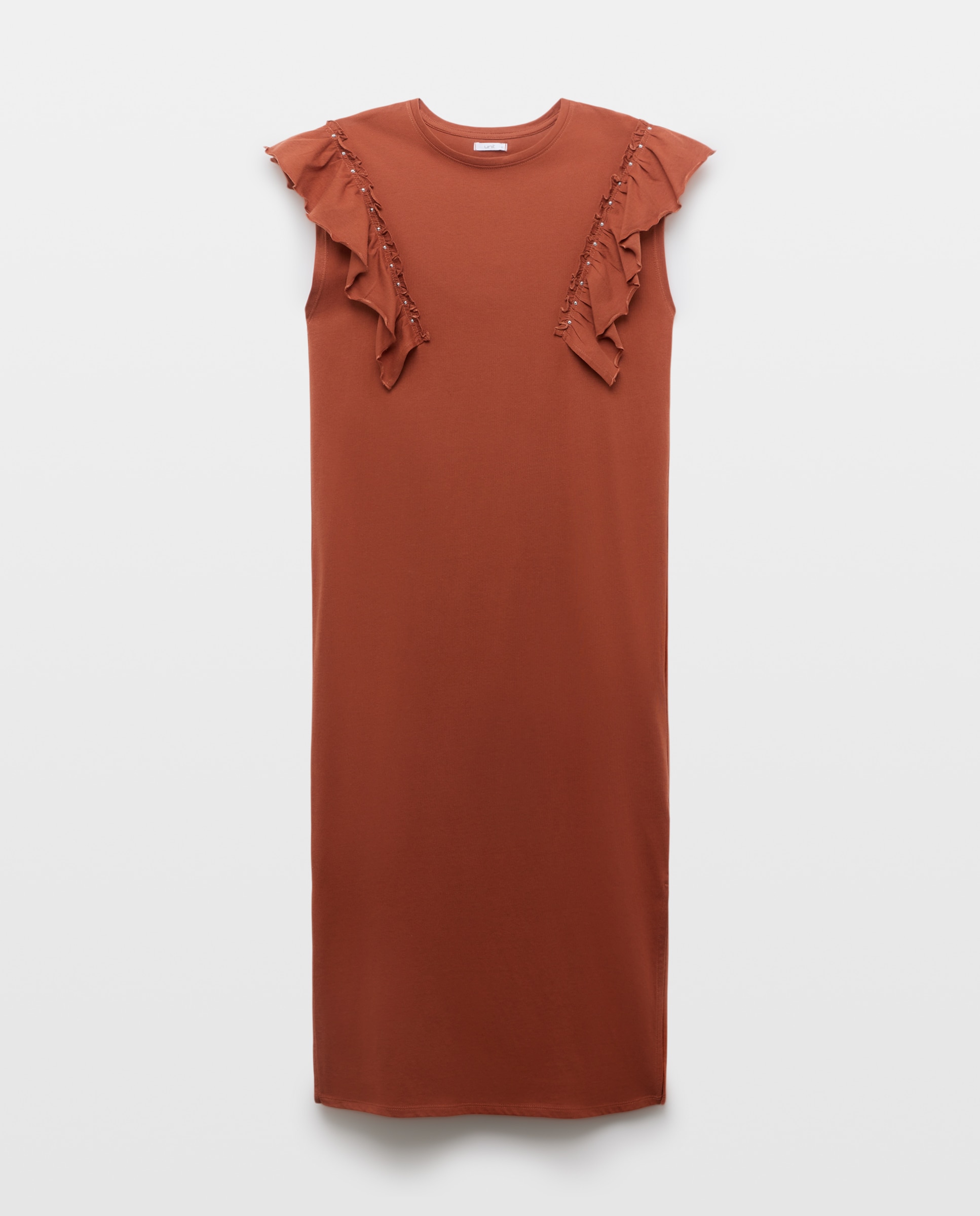 Vestido de mujer cuello caja con volantes y tachuelas Naranja quemado-4