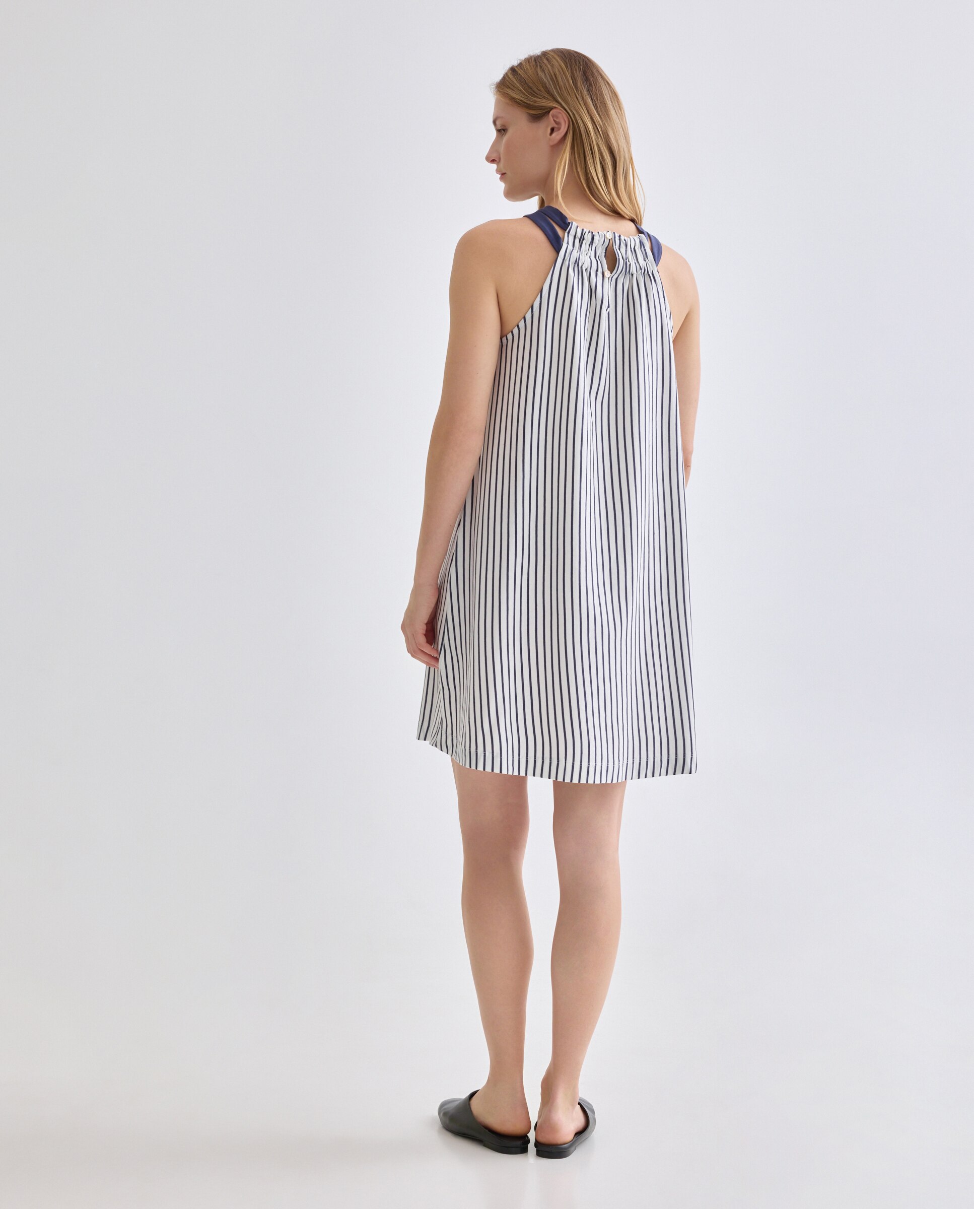 Vestido básico de mujer cuello halter rayas Azul-3