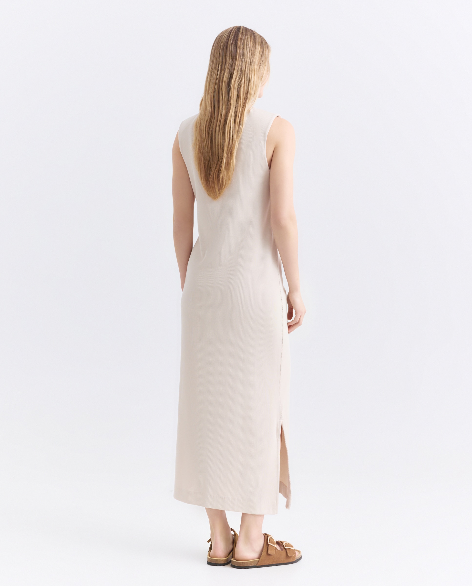 Vestido de mujer canalé manga corta y cinturón Beige-3