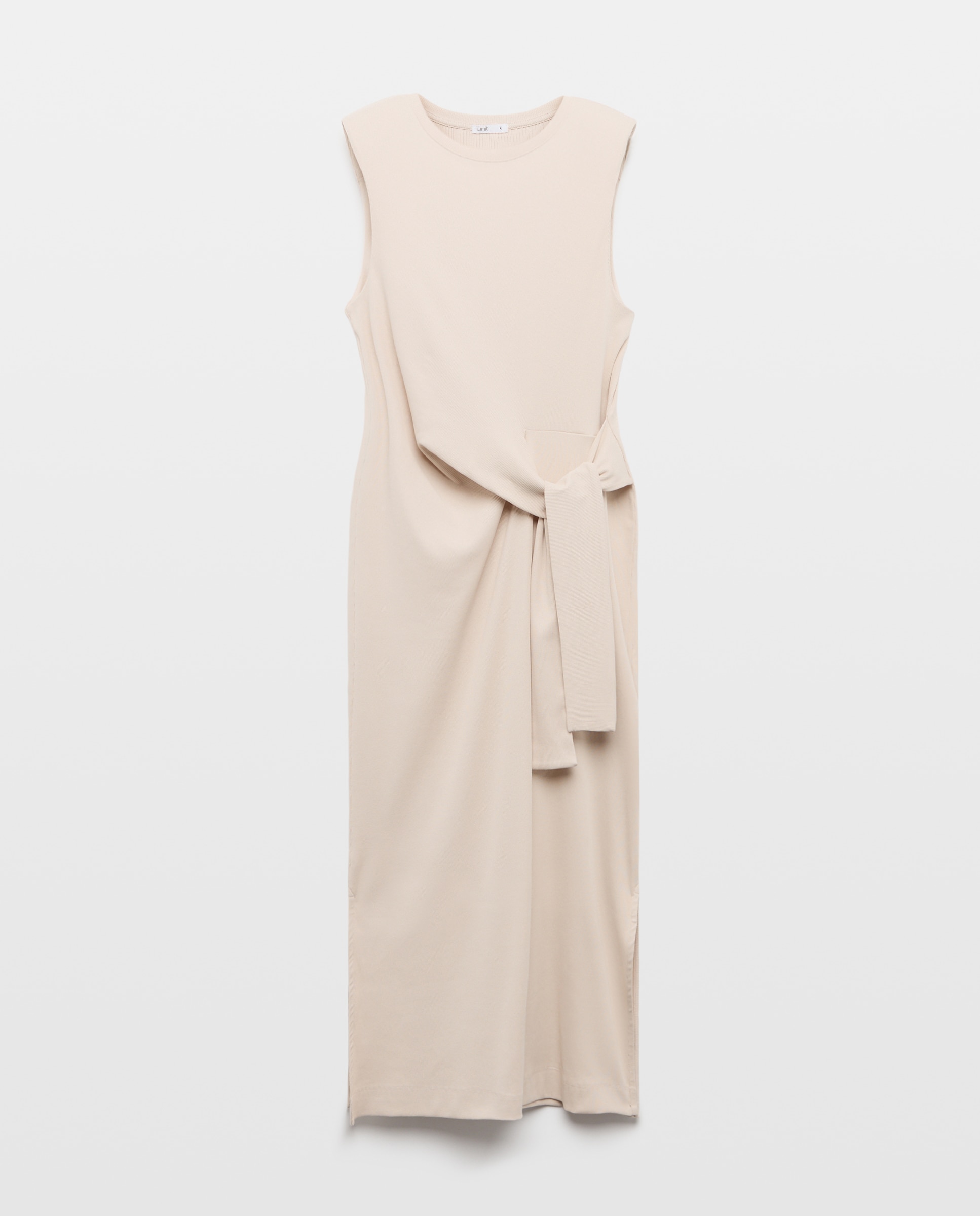 Vestido de mujer canalé manga corta y cinturón Beige-4